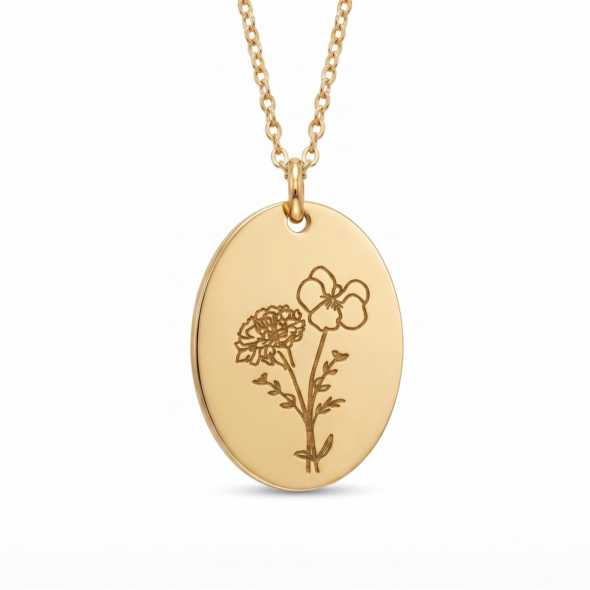 Birth Flower Bouquet Oval Disc Necklace, Combined Family Birth Flower Necklace, Personalized Mother's Day Gift, Mom Necklace, Bonus Mom Gift - Melt'm Jewelry