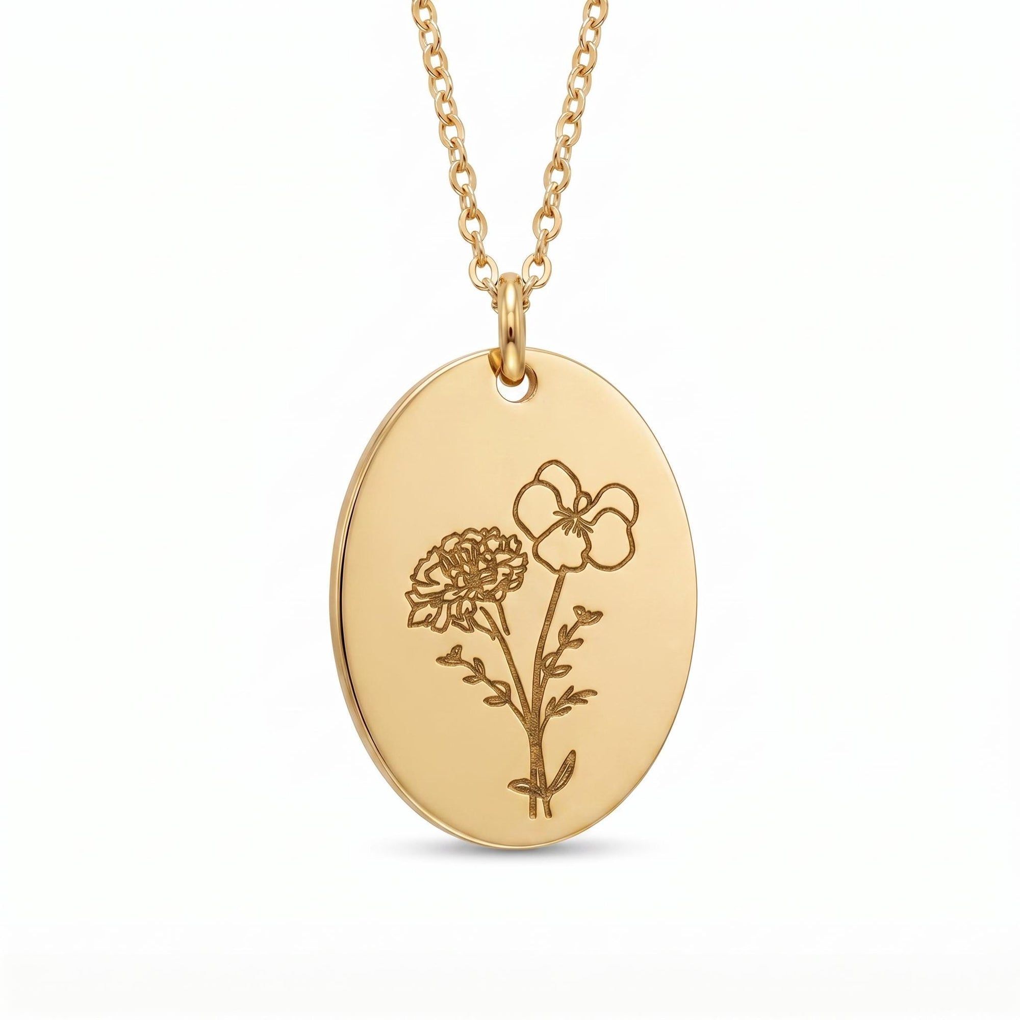 Birth Flower Bouquet Oval Disc Necklace, Combined Family Birth Flower Necklace - Melt'm Jewelry