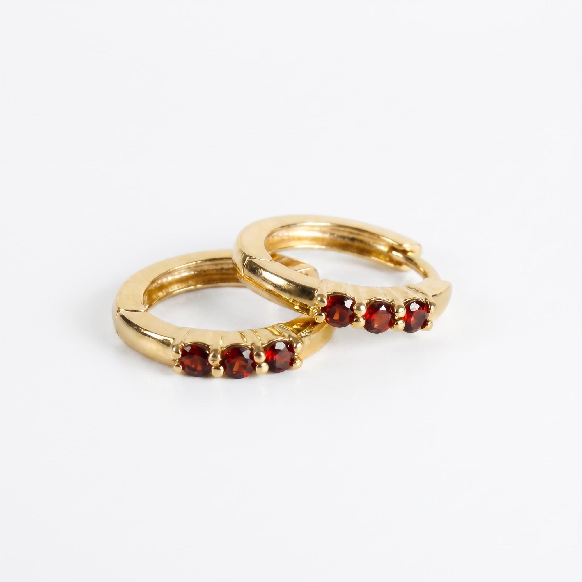 Garnet Huggie Hoop Earrings 14k Gold, Bridal Garnet Hoop Earrings