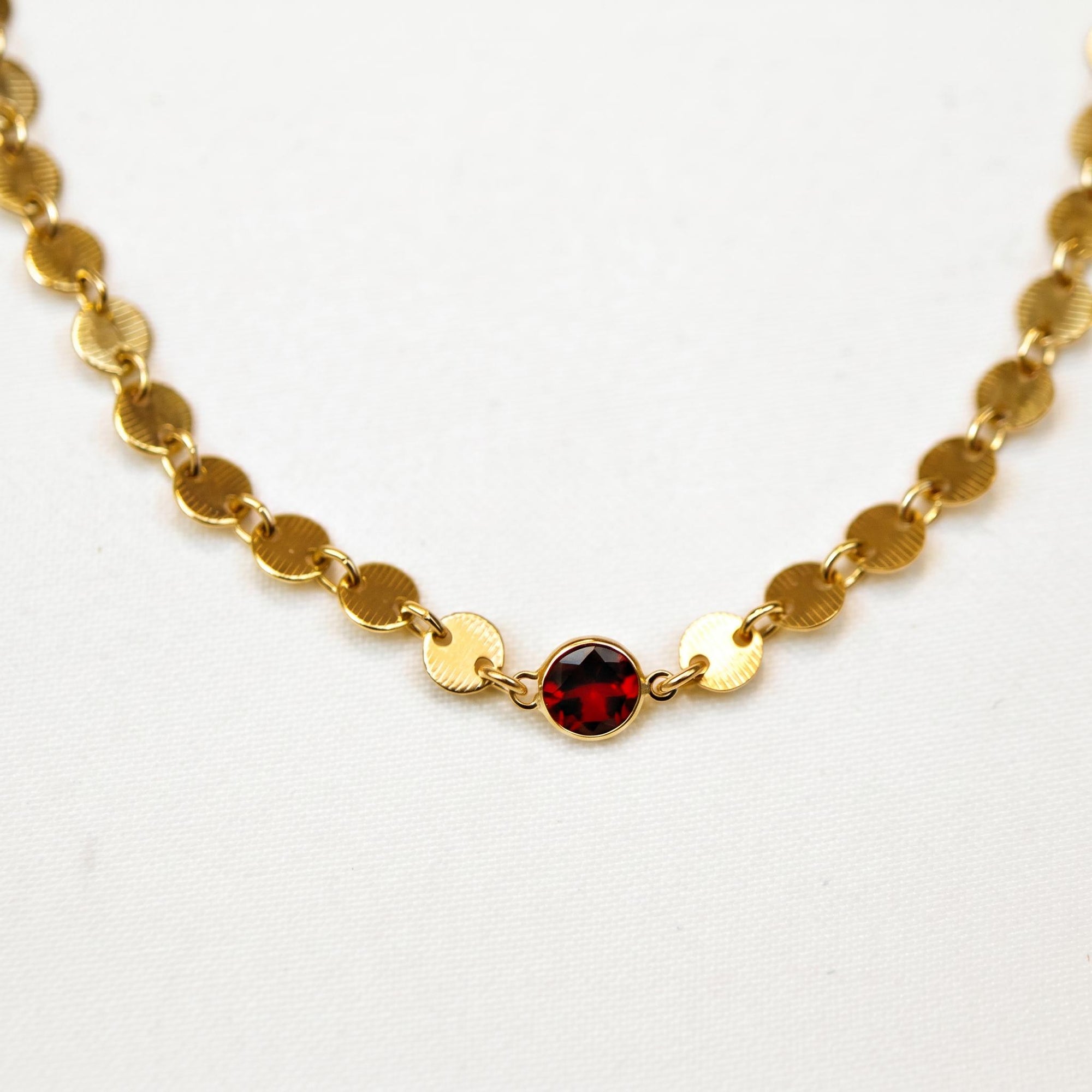 Gold Coin Chain Garnet Necklace, Garnet Choker
