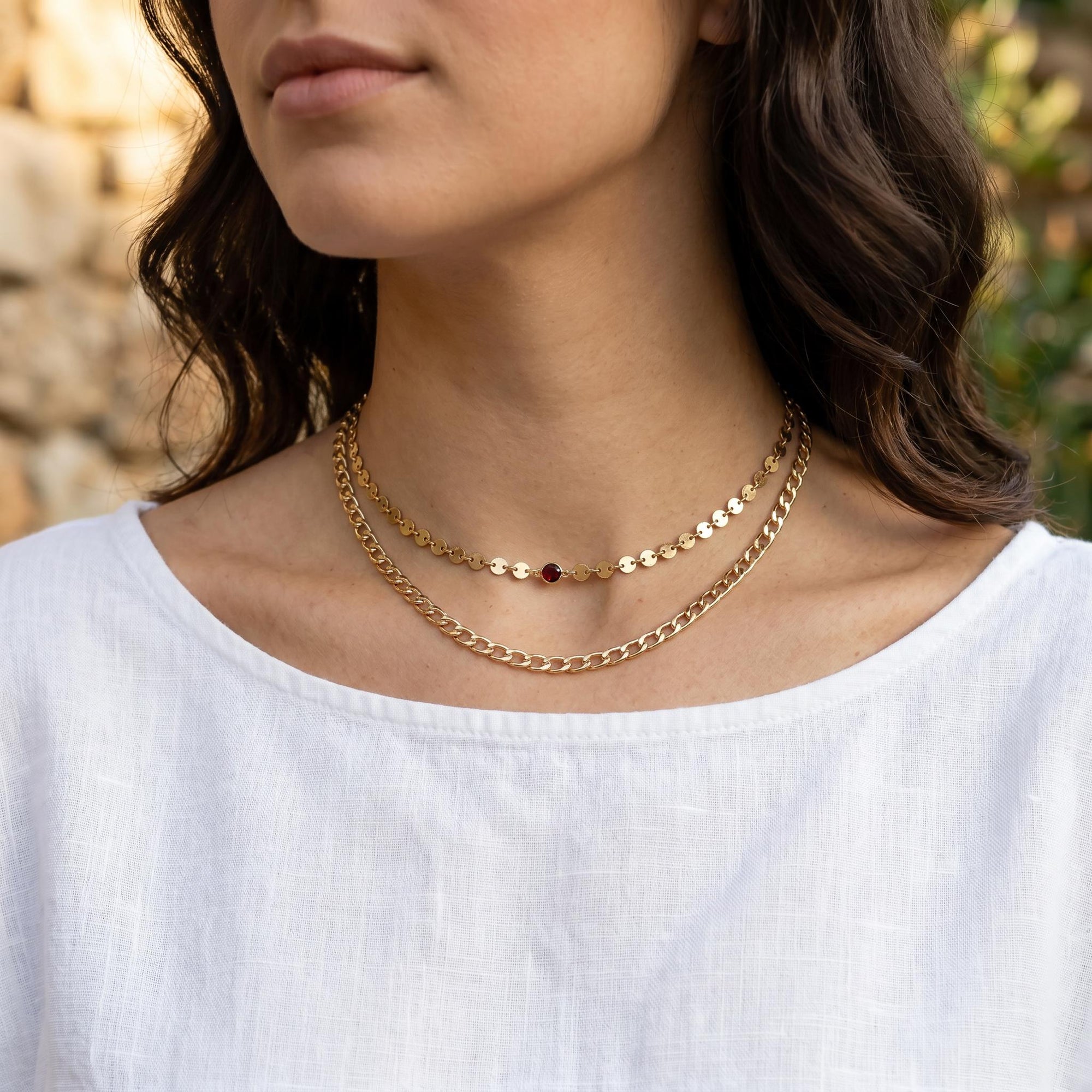 Gold Coin Chain Garnet Necklace, Garnet Choker