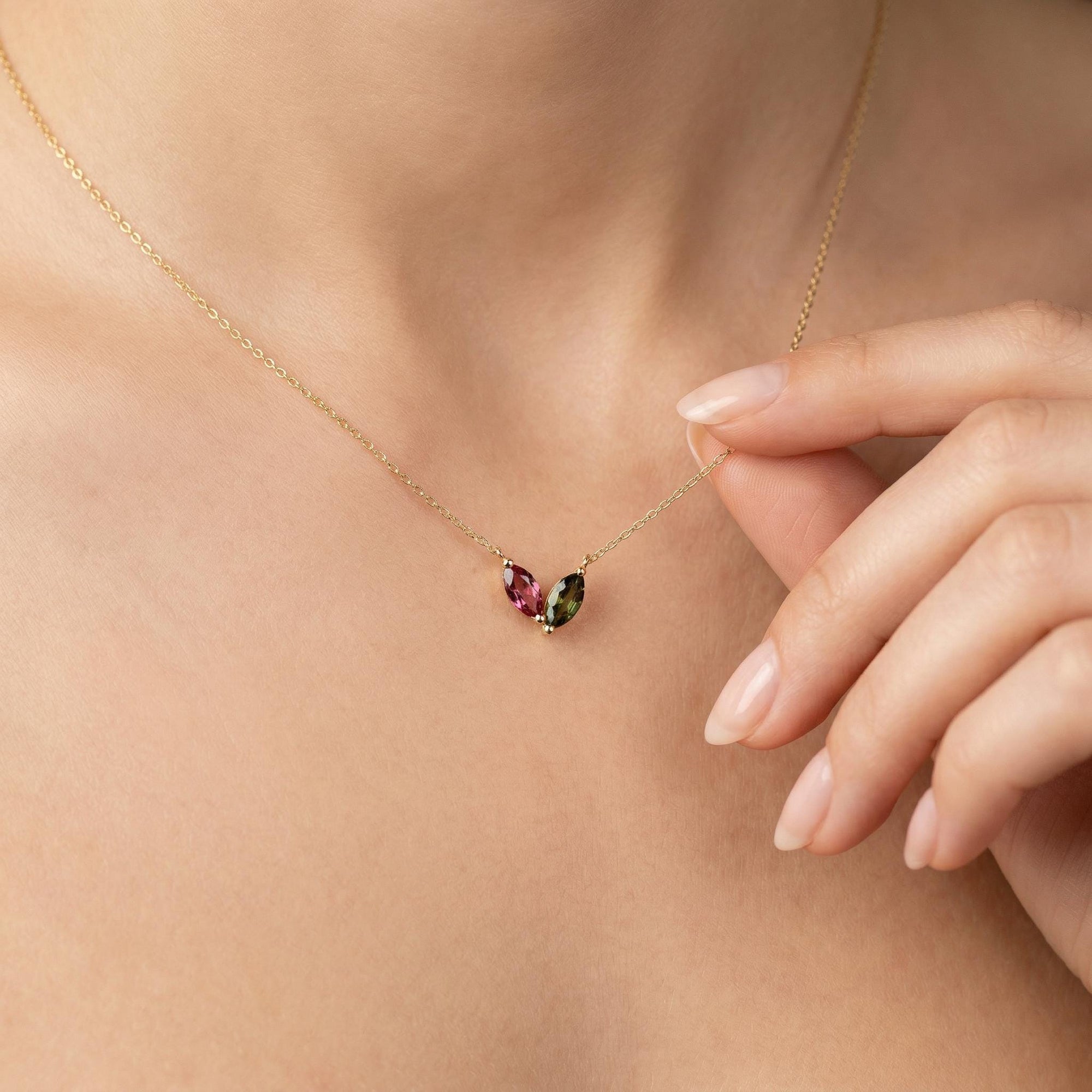 Marquise Pink Tourmaline and Green Tourmaline Necklace 14k Solid Gold - Melt'm Jewelry