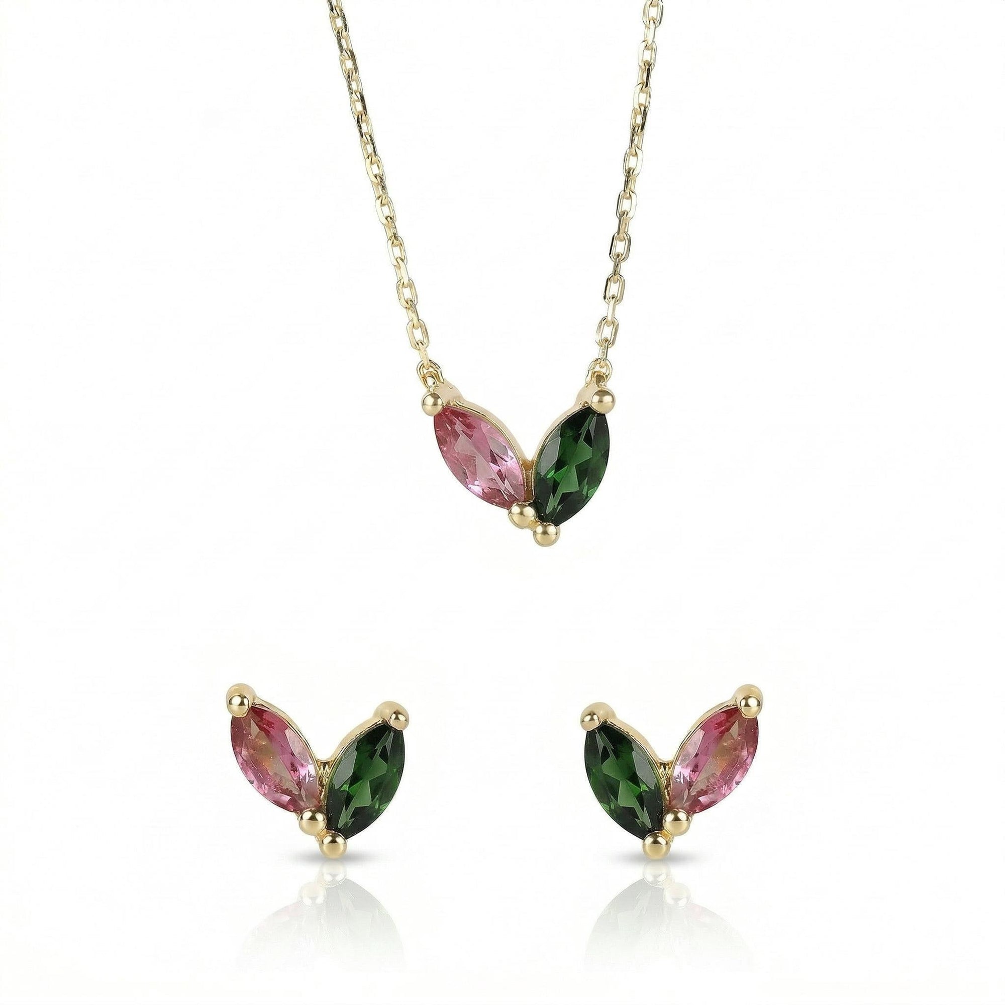Marquise Pink Tourmaline and Green Tourmaline Necklace 14k Solid Gold