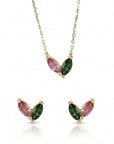 Marquise Pink Tourmaline and Green Tourmaline Necklace 14k Solid Gold