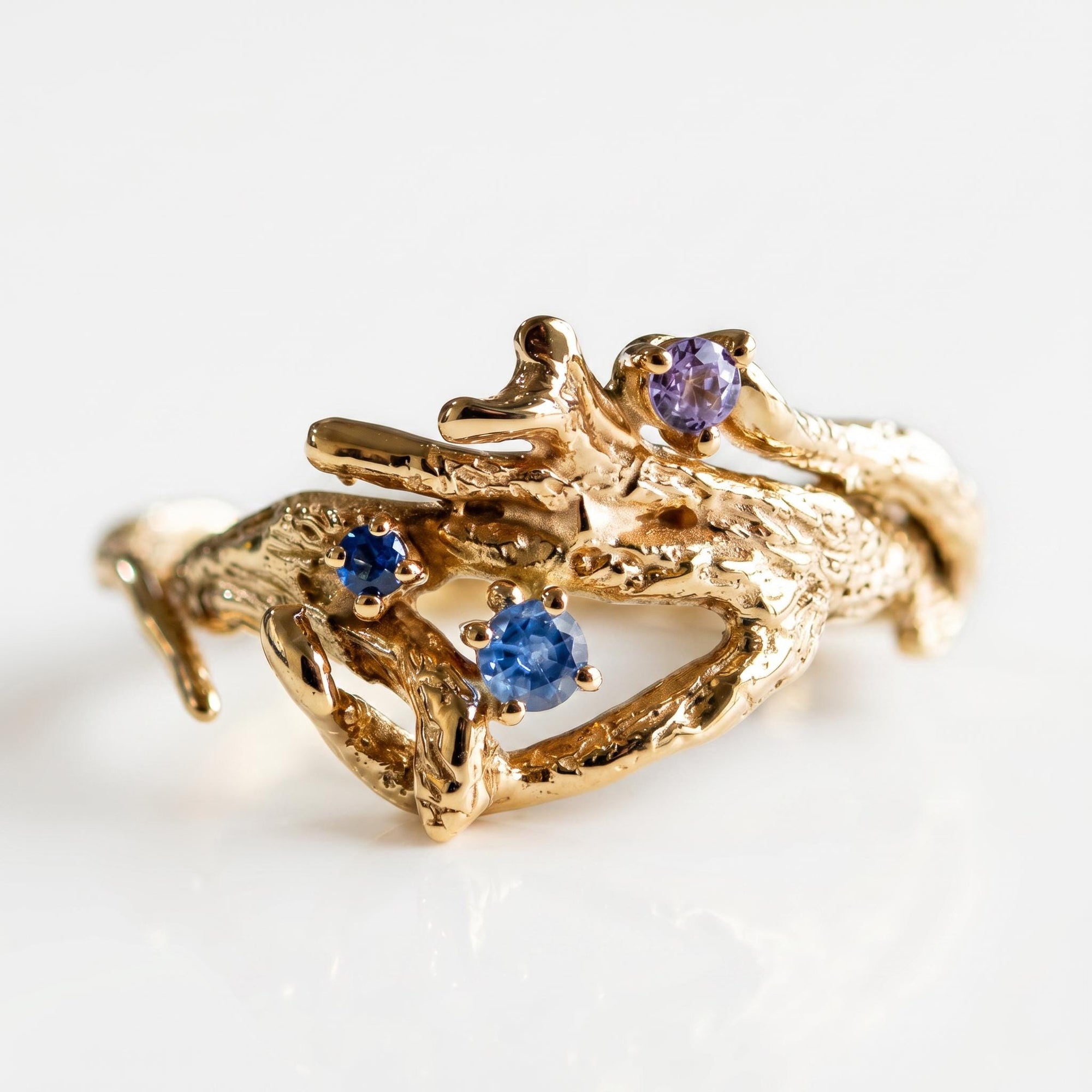 Sapphire Twig Ring 14k Solid Gold – Branch Ring with Colorful Blue and Lilac Sapphires, Nature Inspired Botanical Handmade Ring - Melt'm Jewelry