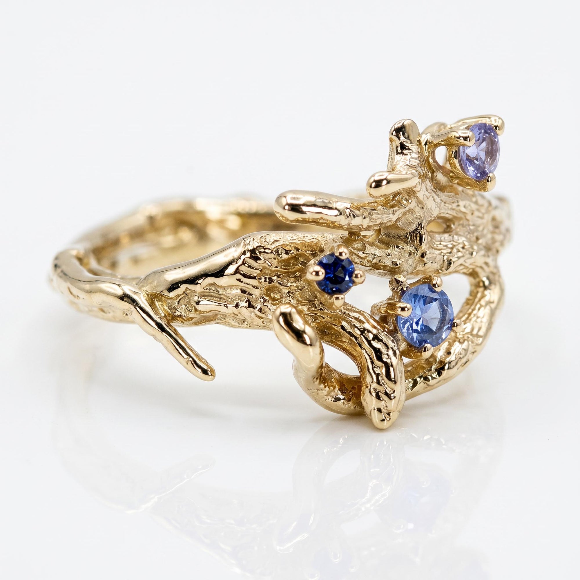 Sapphire Twig Ring 14k Solid Gold – Branch Ring with Colorful Blue and Lilac Sapphires, Nature Inspired Botanical Handmade Ring