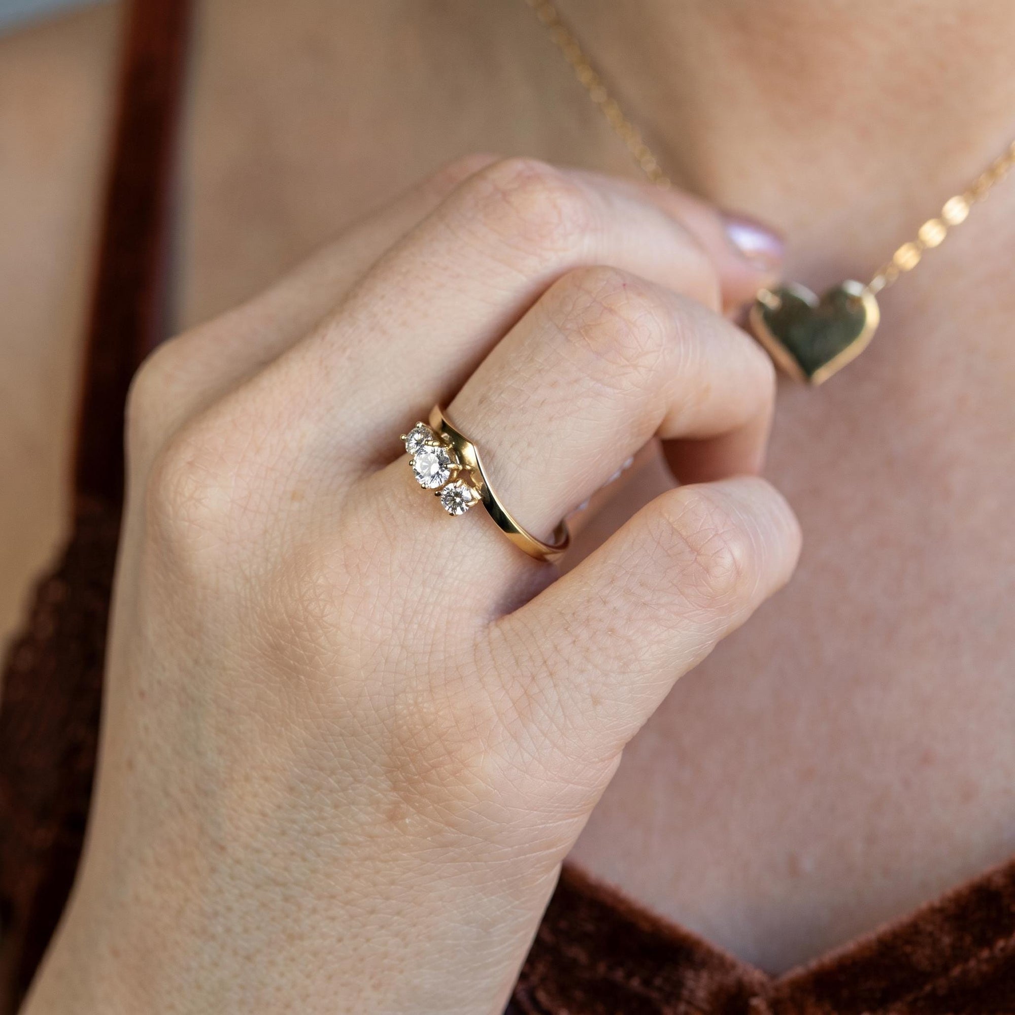 Three Stone Diamond Engagement Ring 14k Gold, Chevron Stacking Bridal Ring, Curved Dainty Wedding Band - Melt'm Jewelry