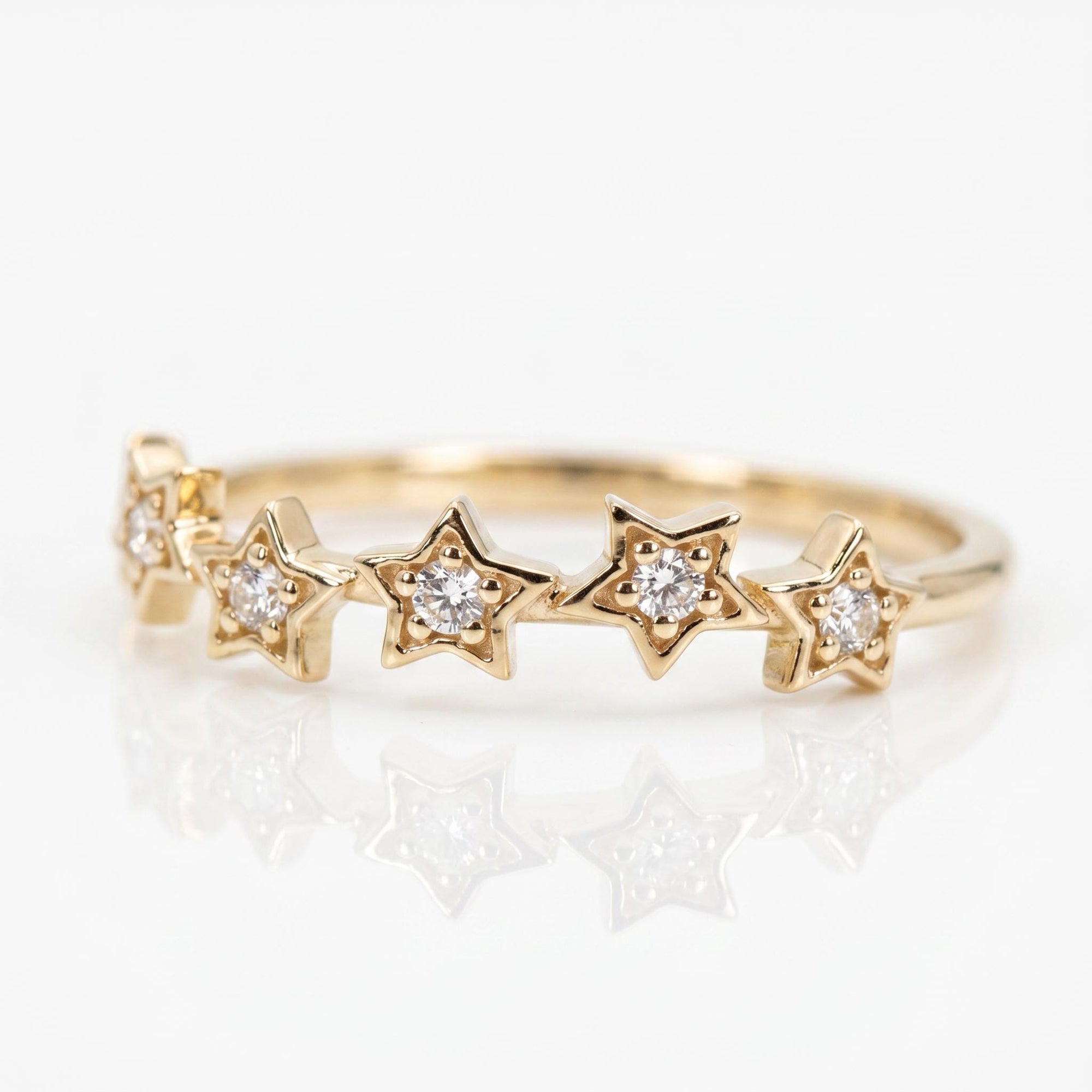 Diamond Star Ring 14k Gold – Five Star Celestial Wedding Band, Natural Diamond Stacking Ring, Dainty Gold Star Band Gift for Her - Melt'm Jewelry