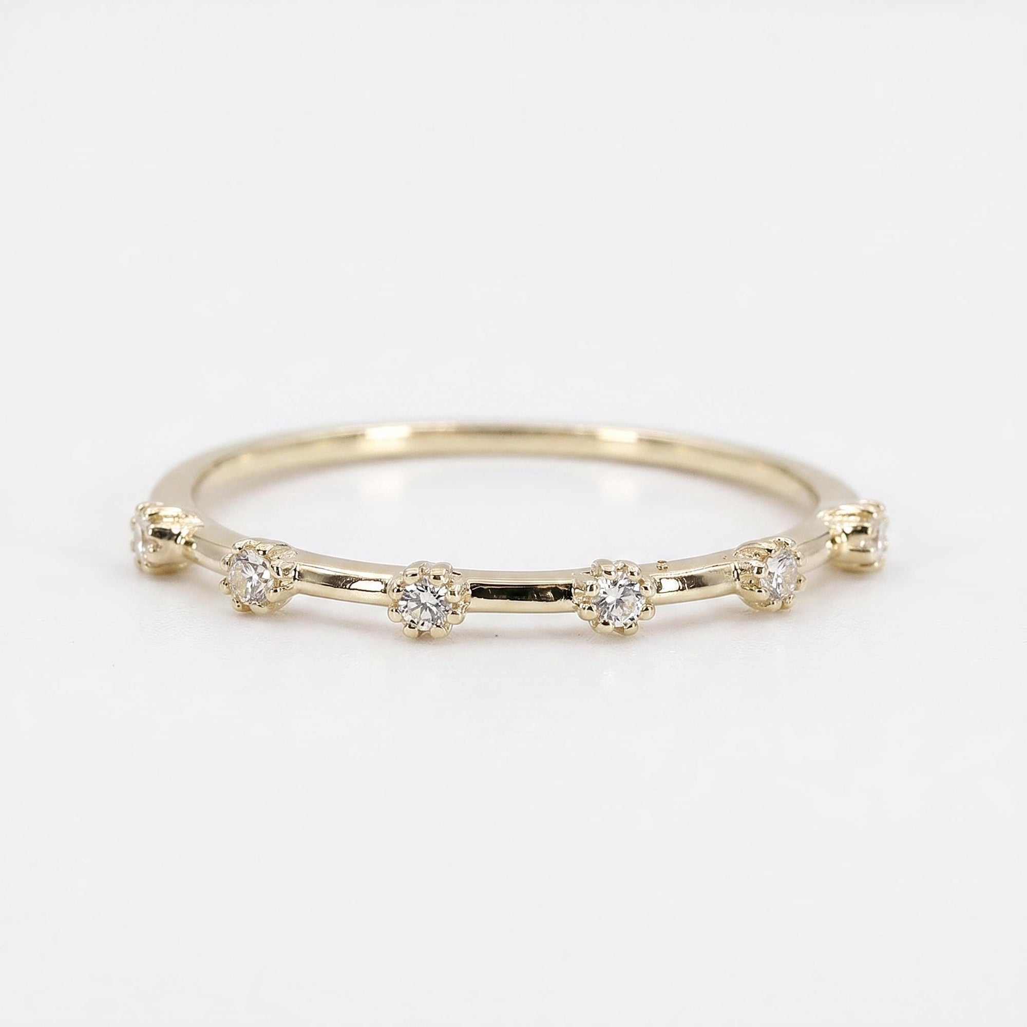 Dainty Diamond Ring 14k Solid Gold – Milgrain Bezel Set 6 Diamond Minimalist Stacking Dot Ring Gift for Her - Melt'm Jewelry