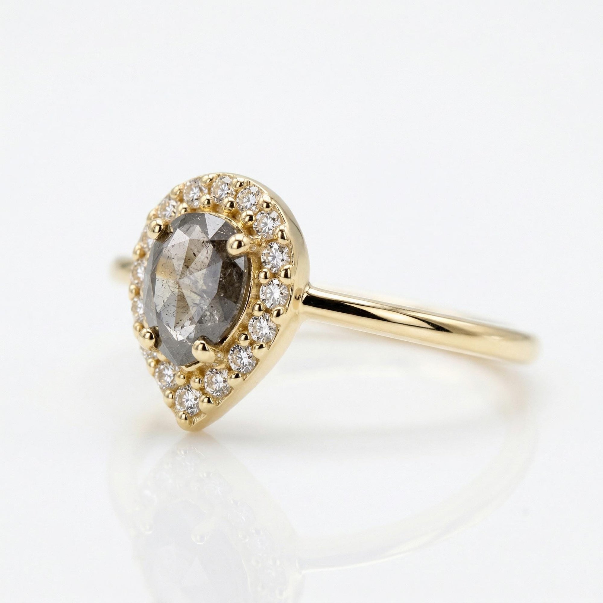 Pear Salt and Pepper Diamond Ring 14k Gold – Rose Cut Black Diamond Halo Ring, Unique Engagement Ring, Anniversary Gift - Melt'm Jewelry
