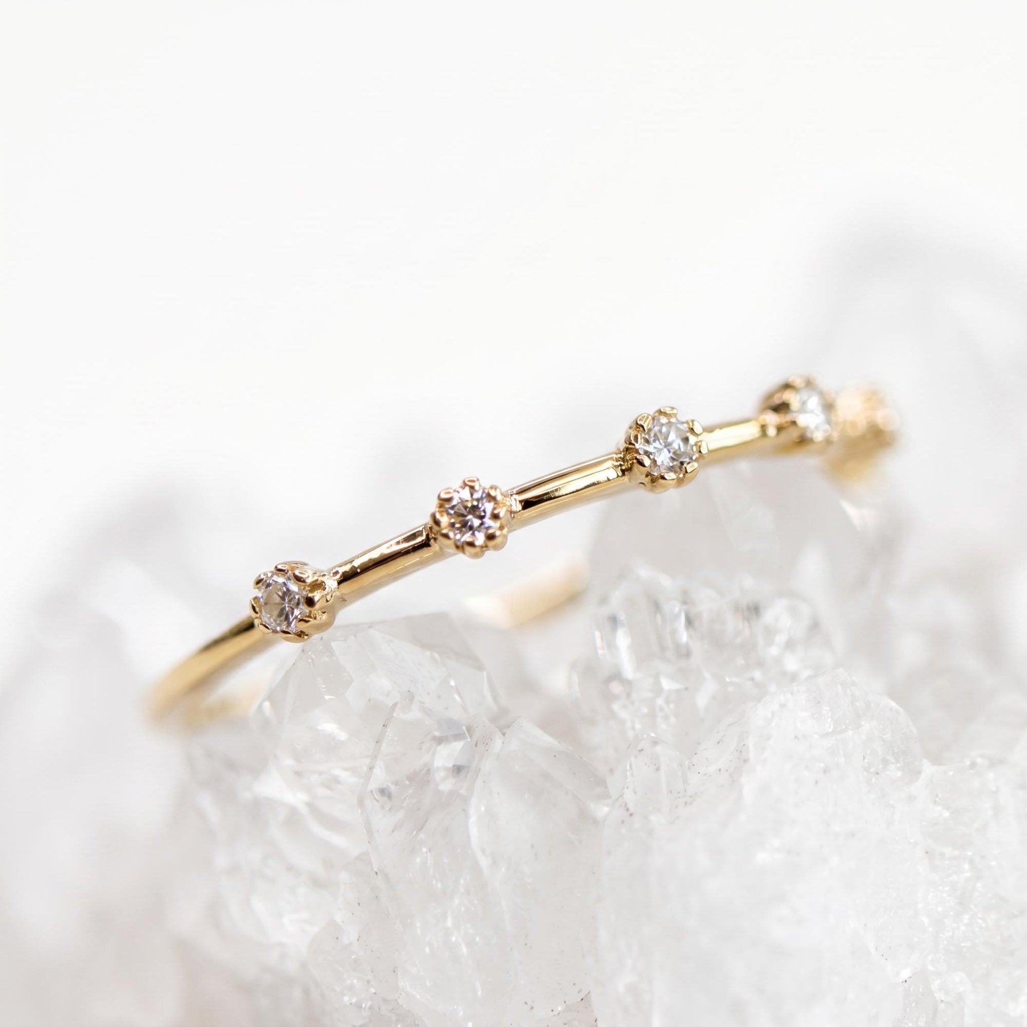 Dainty Diamond Ring 14k Solid Gold – Milgrain Bezel Set 6 Diamond Minimalist Stacking Dot Ring Gift for Her