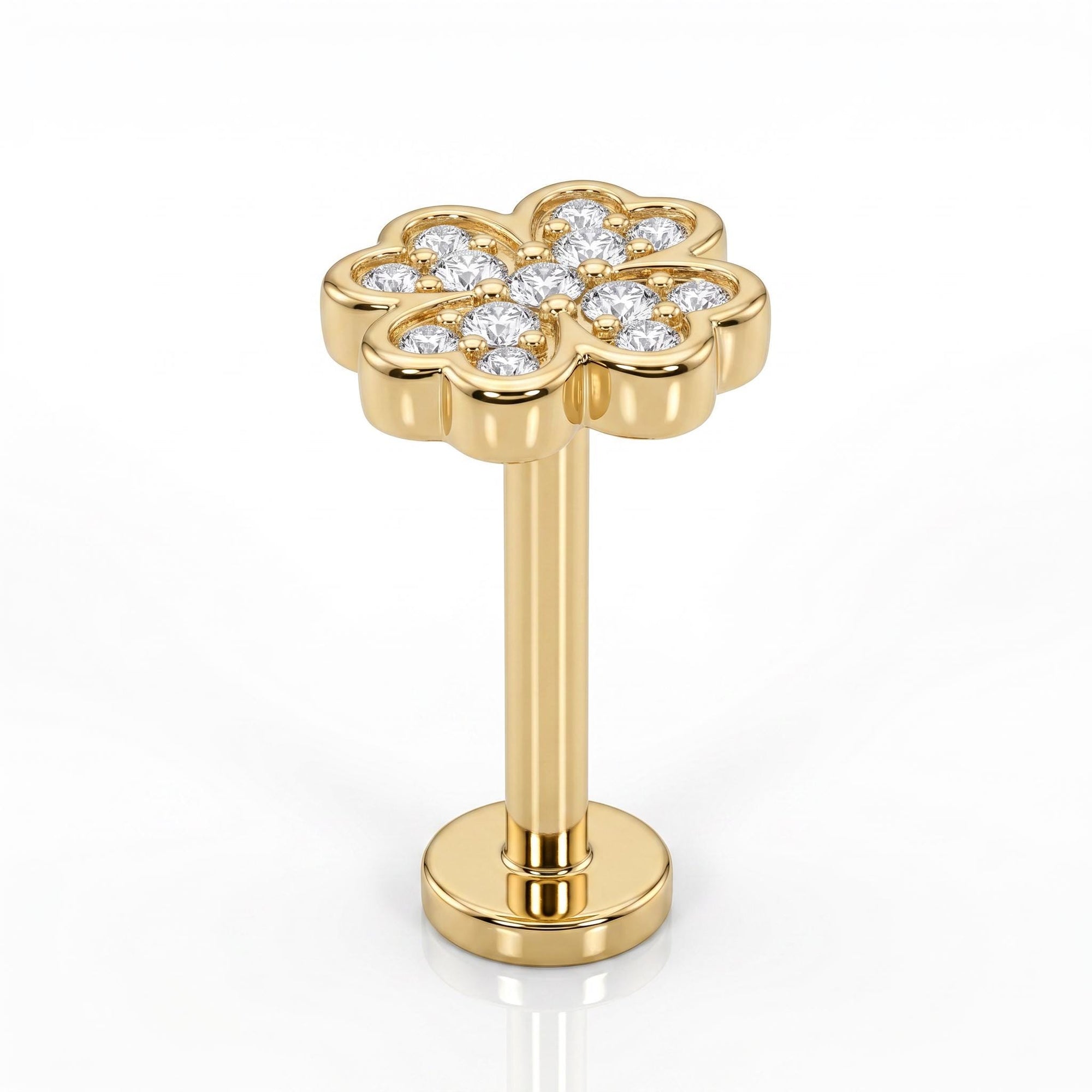 Four Leaf Clover Cz Flat Back Stud 14k Solid Gold, Luck Symbol Stack Earring - Melt'm Jewelry