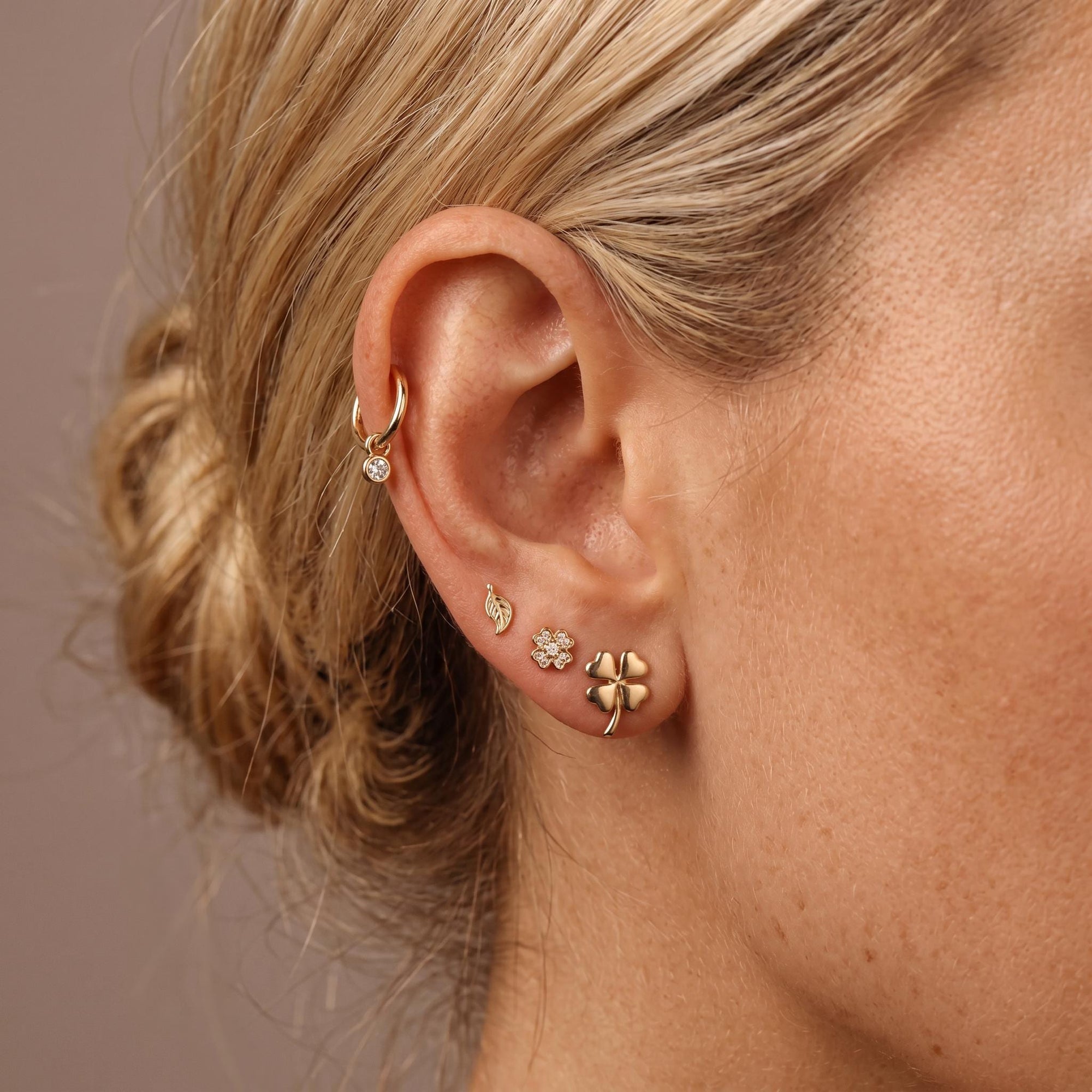 Four Leaf Clover Cz Flat Back Stud 14k Solid Gold, Luck Symbol Stack Earring