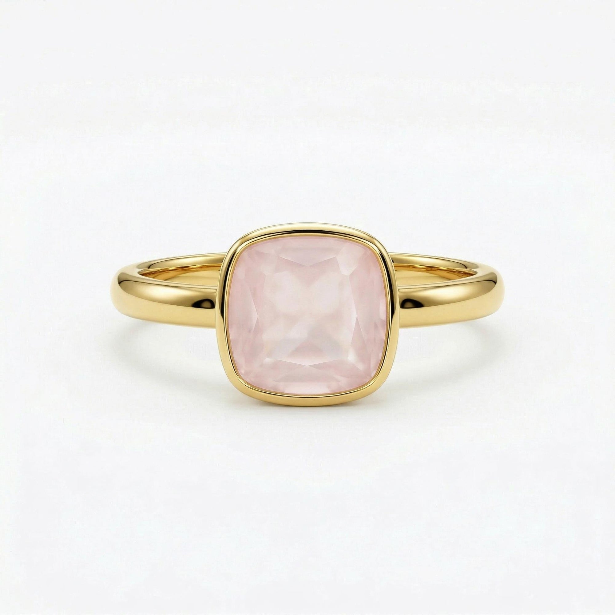 Cushion Cut Rose Quartz Ring 10k Gold, Bezel Set Solitaire Engagement Ring