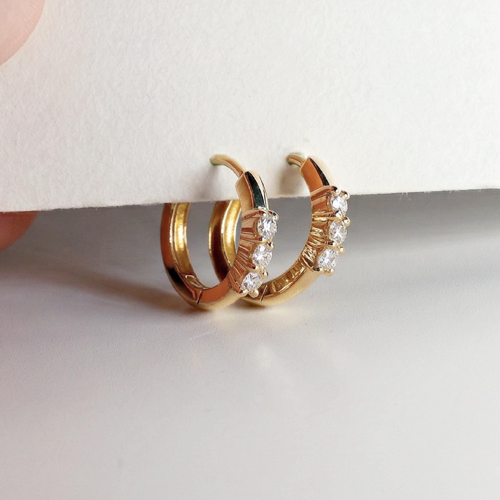 Lab Grown Diamond Huggie Hoop Earrings 14k Gold, 2mm Diamond Trio Hoops