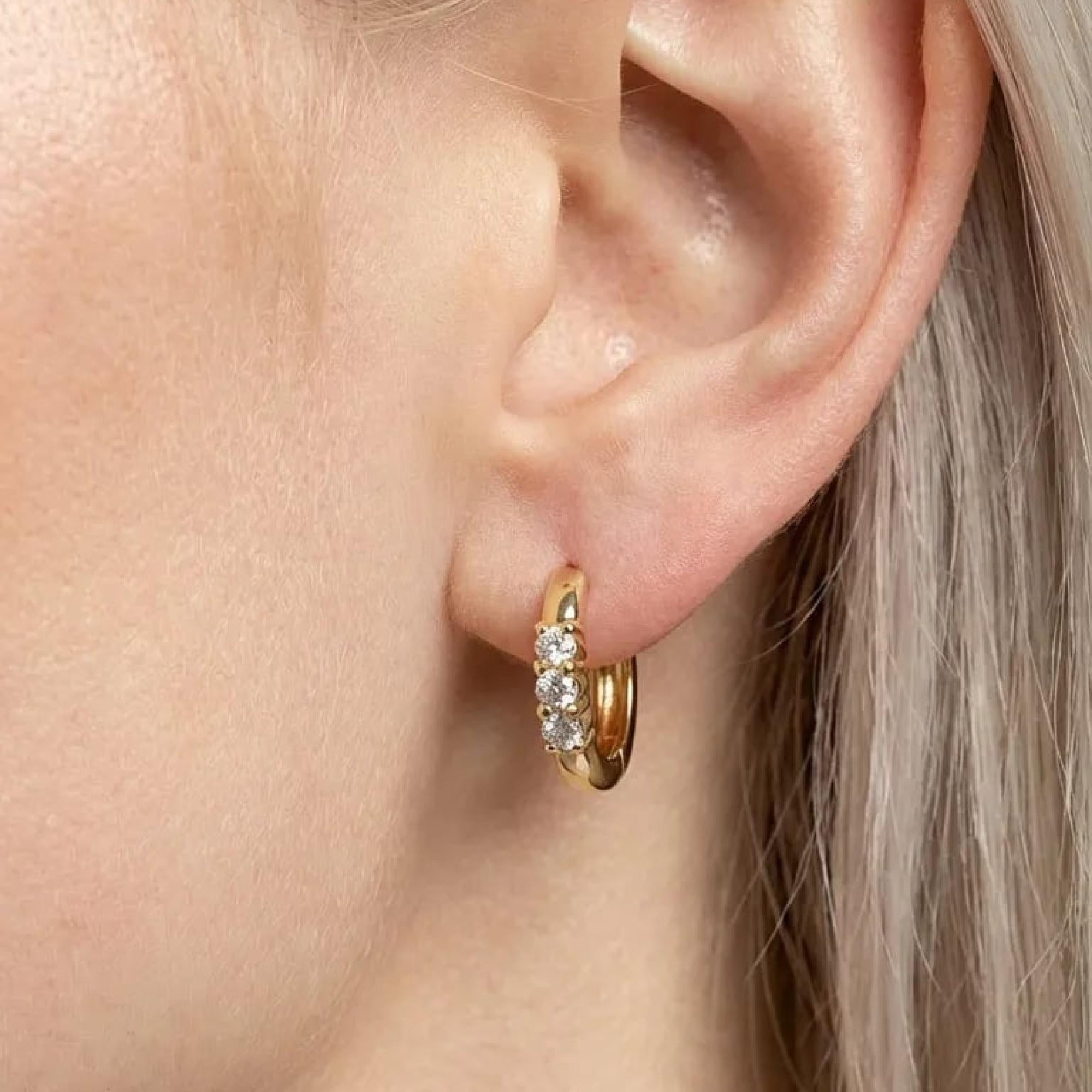 Lab Grown Diamond Huggie Hoop Earrings 14k Gold, 2mm Diamond Trio Hoops