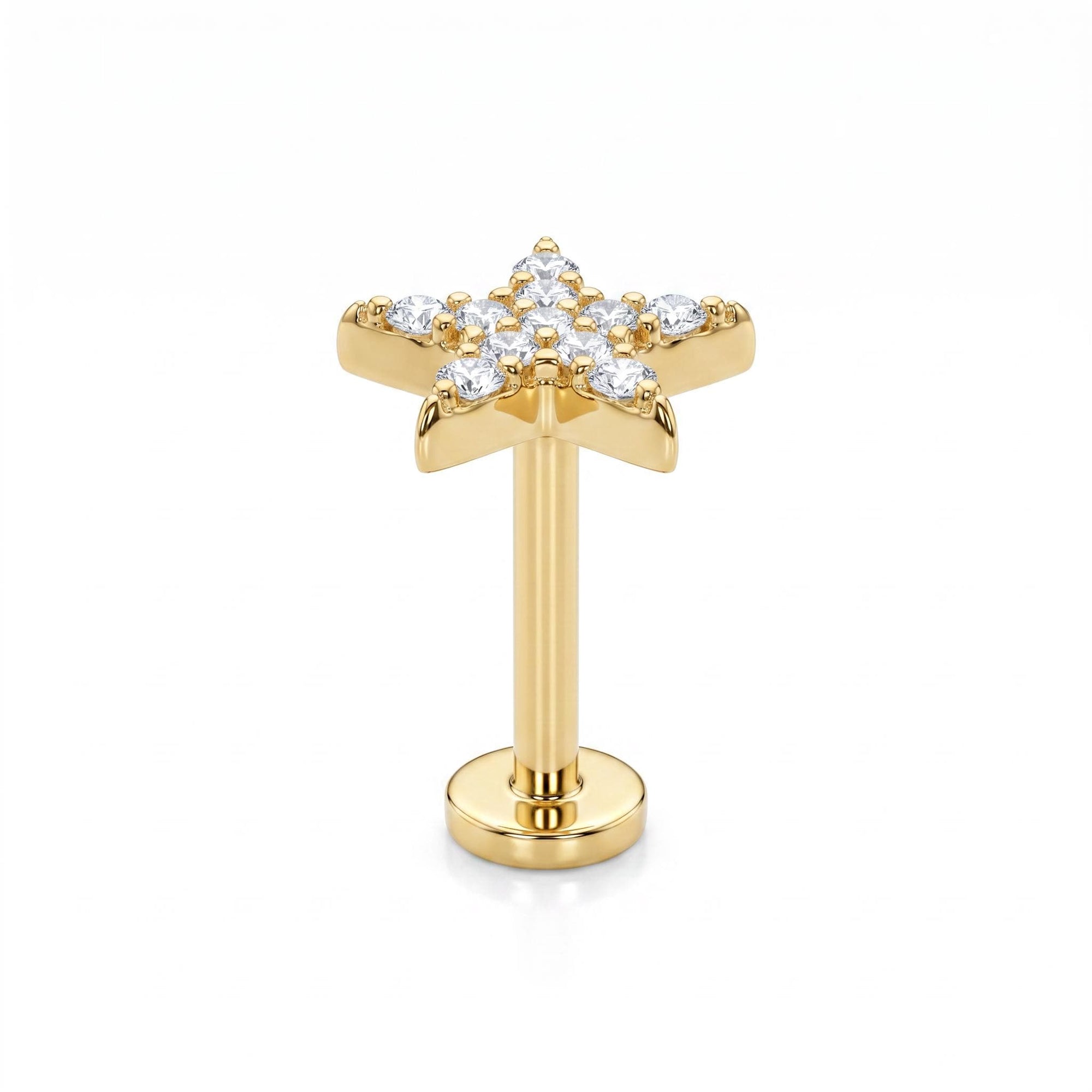 CZ Diamond Star Earring 14k Solid Gold, Internally Threaded Flat Back Earring (SINGLE)
