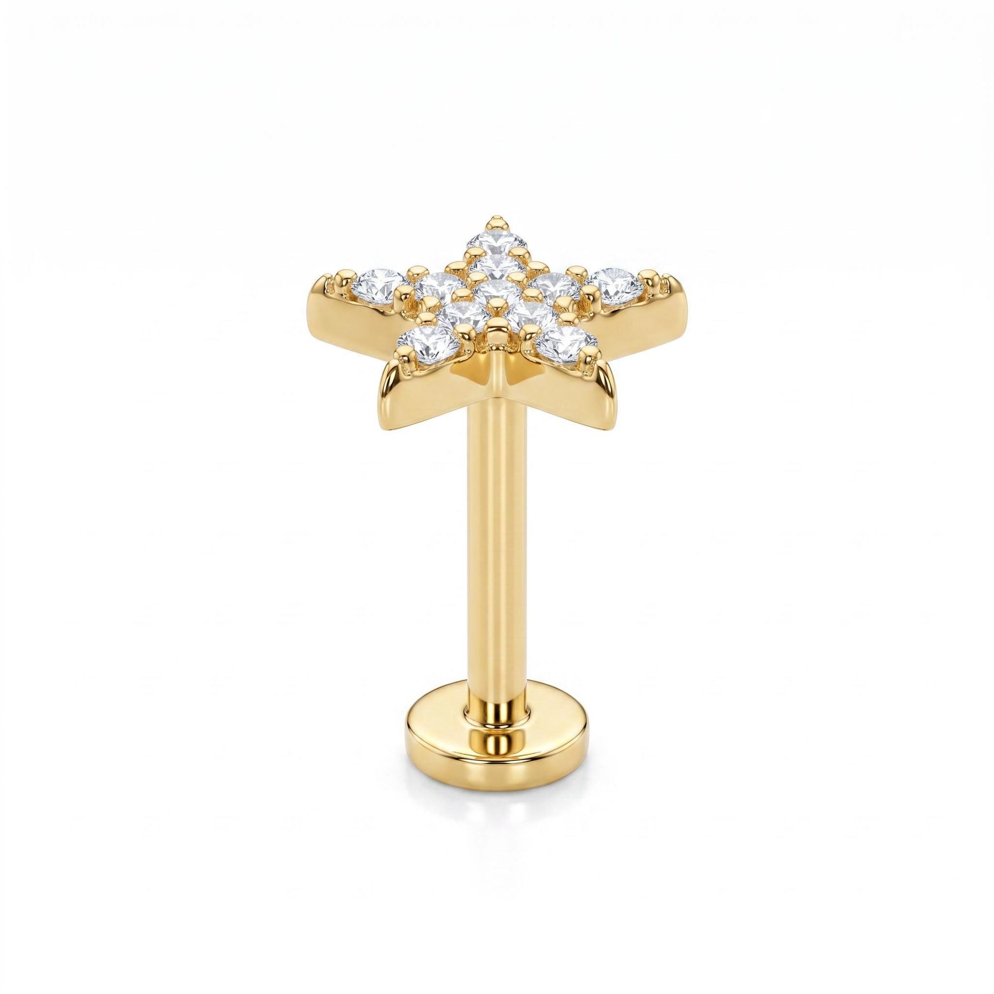 CZ Diamond Star Earring 14k Solid Gold, Internally Threaded Flat Back Earring (SINGLE) - Melt'm Jewelry
