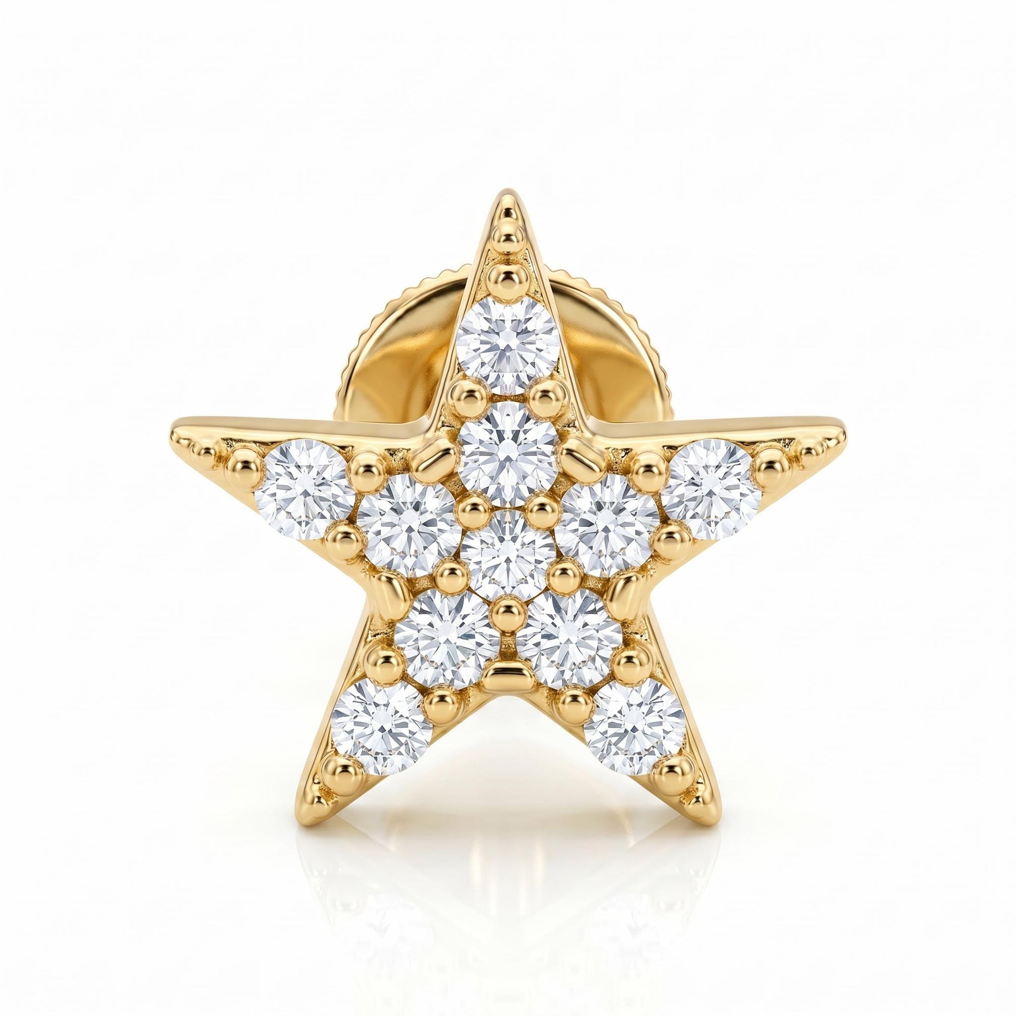 CZ Diamond Star Earring 14k Solid Gold, Internally Threaded Flat Back Earring (SINGLE)