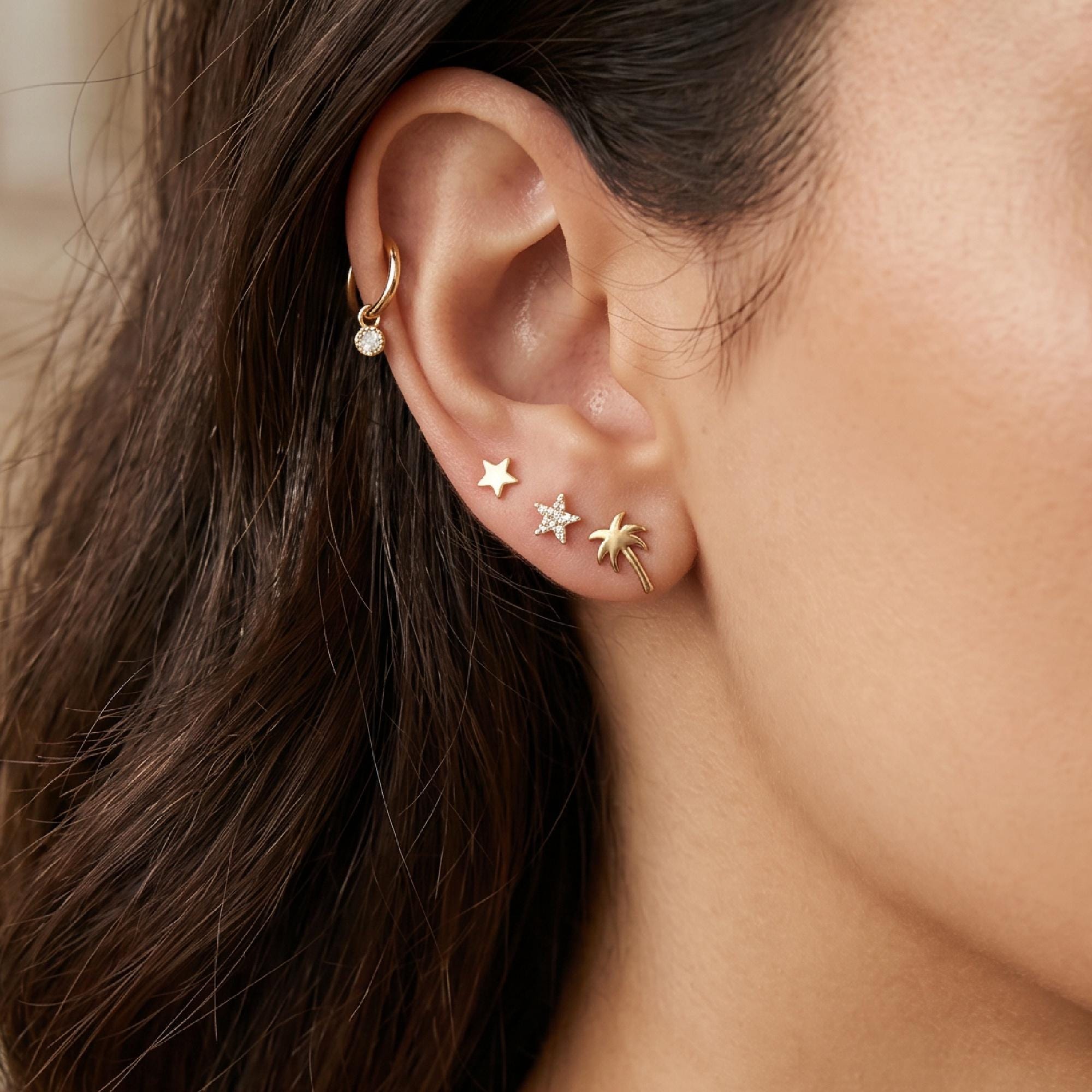 CZ Diamond Star Earring 14k Solid Gold, Internally Threaded Flat Back Earring (SINGLE) - Melt'm Jewelry