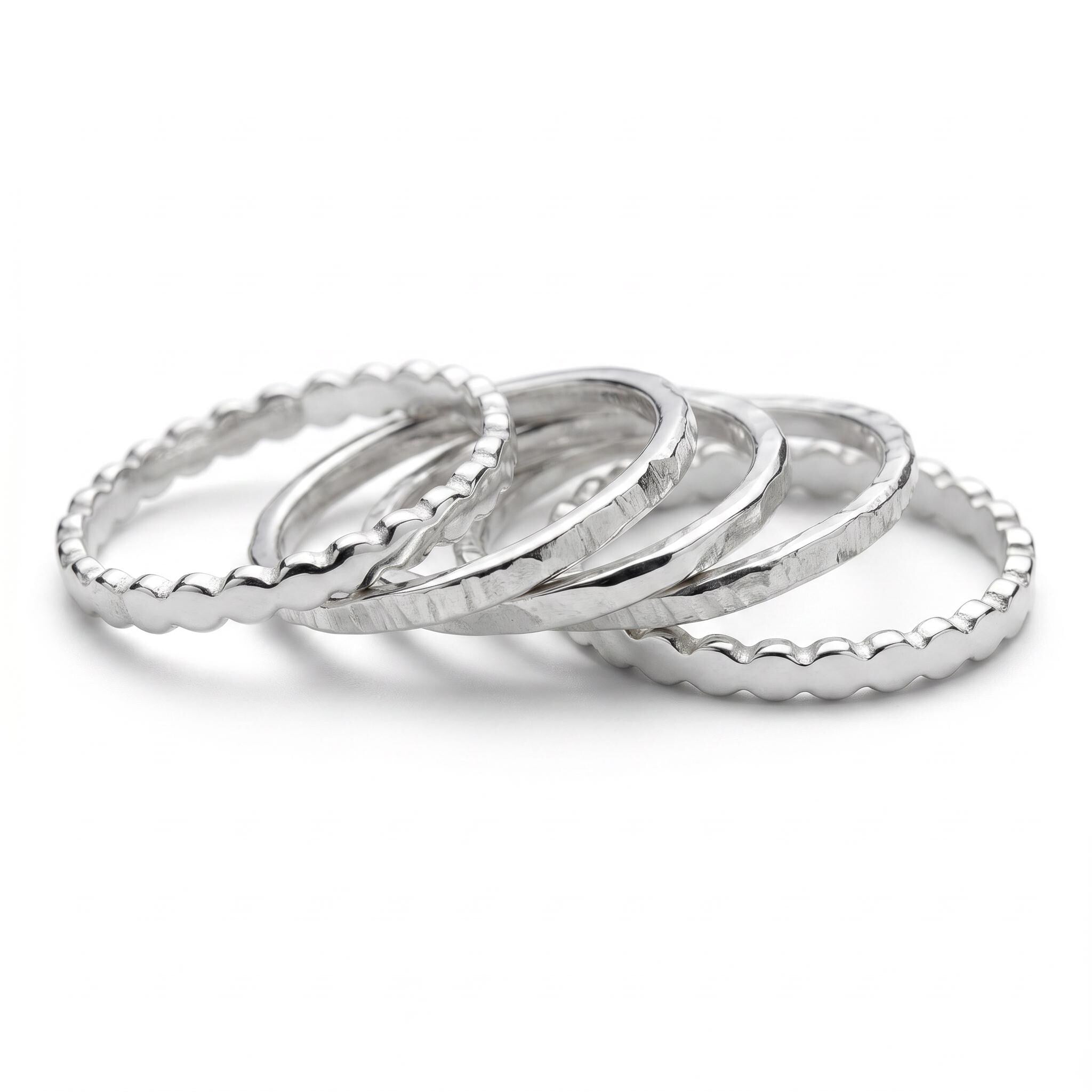 Stackable Ring Set of Five Hammered and Textured Silver Rings