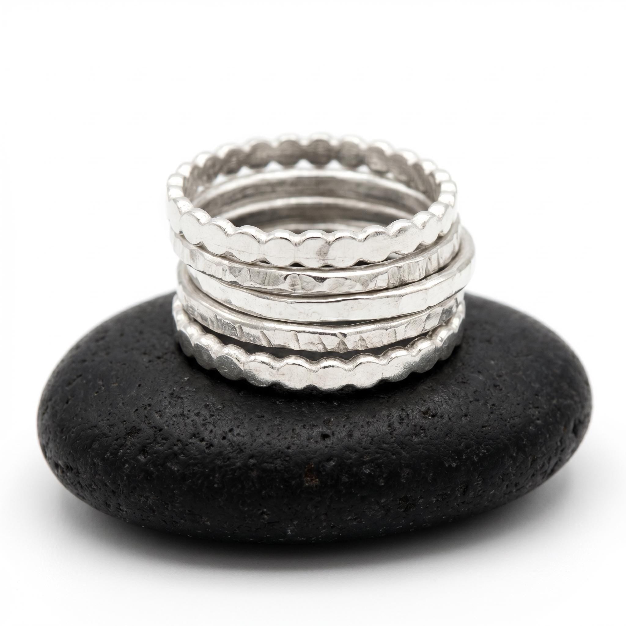 Stackable Ring Set of Five Hammered and Textured Silver Rings
