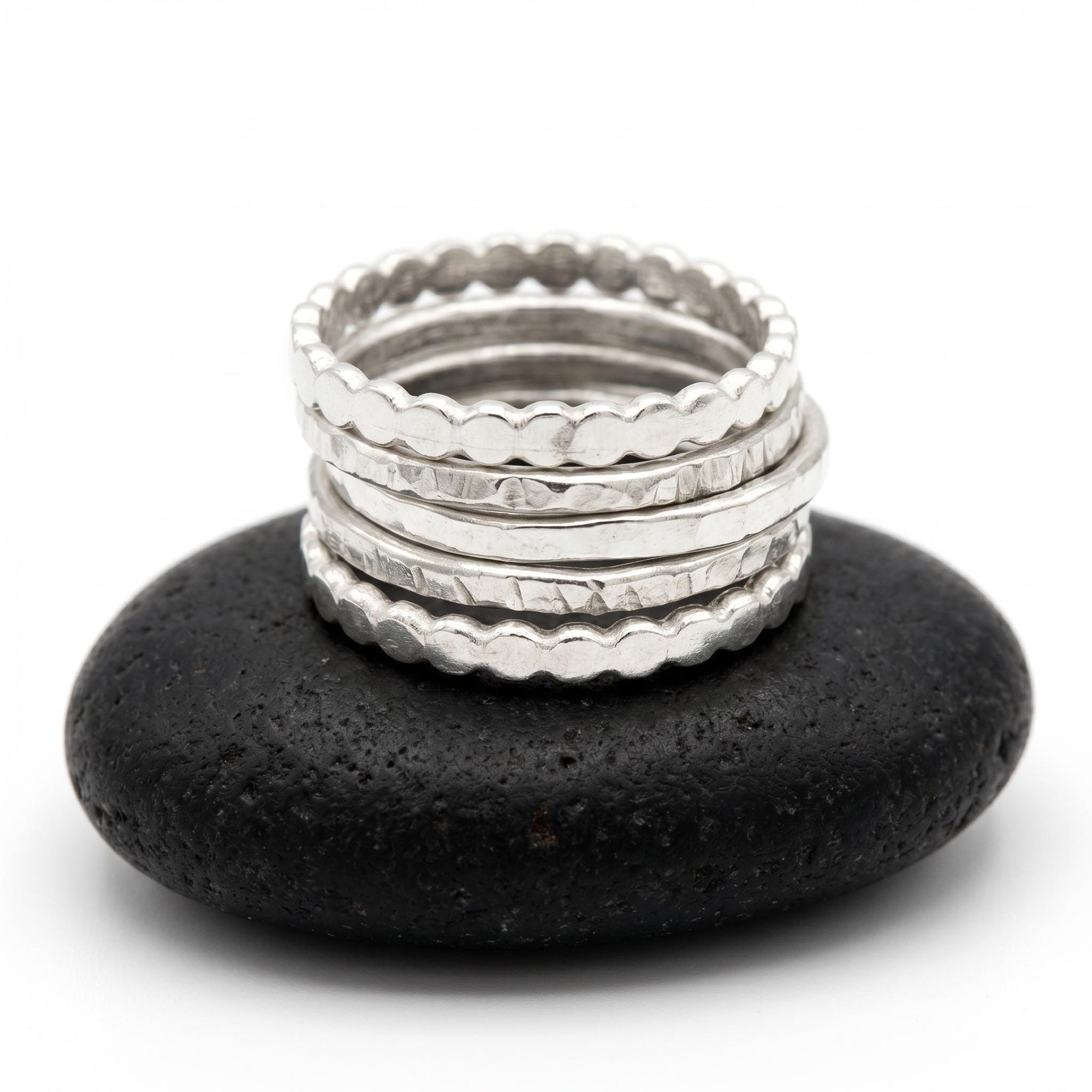 Stackable Ring Set of Five Hammered and Textured Silver Rings