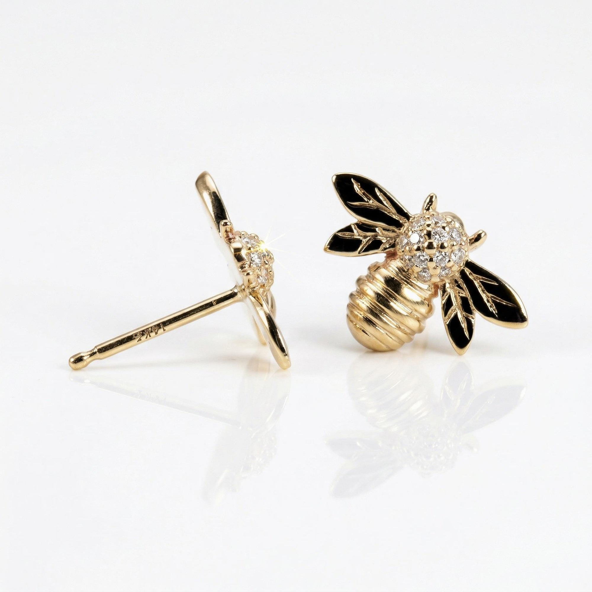14k Gold Diamond Bumble Bee Earrings – Minimal Honey Bee Studs (SINGLE OR PAIR) - Melt'm Jewelry