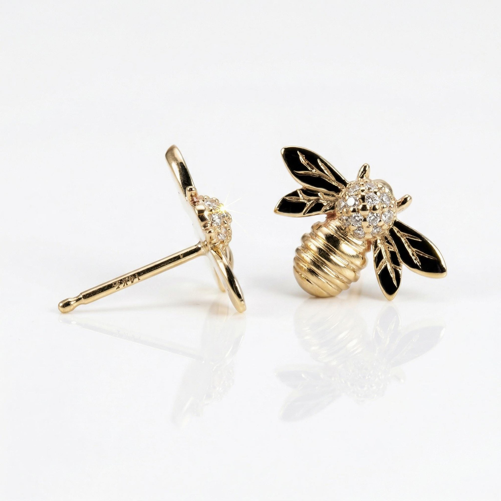 14k Gold Diamond Bumble Bee Earrings – Minimal Honey Bee Studs (SINGLE OR PAIR) - Melt'm Jewelry
