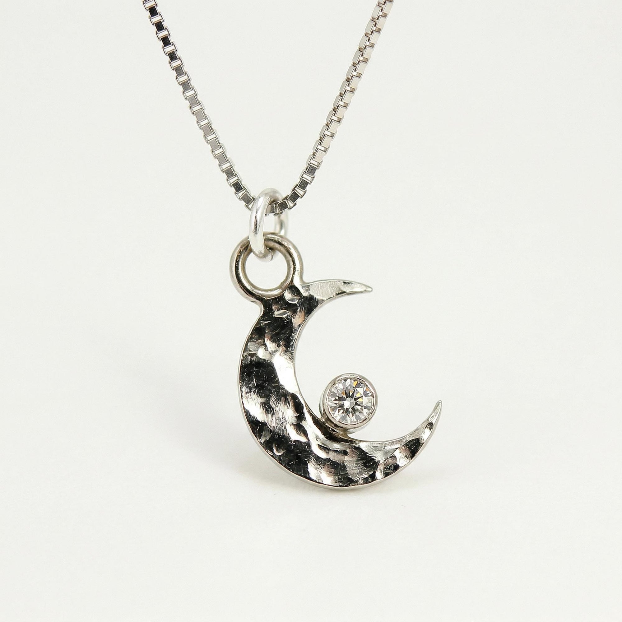 14k White Gold Diamond Crescent Moon Necklace – Hammered Celestial Pendant - Melt'm Jewelry