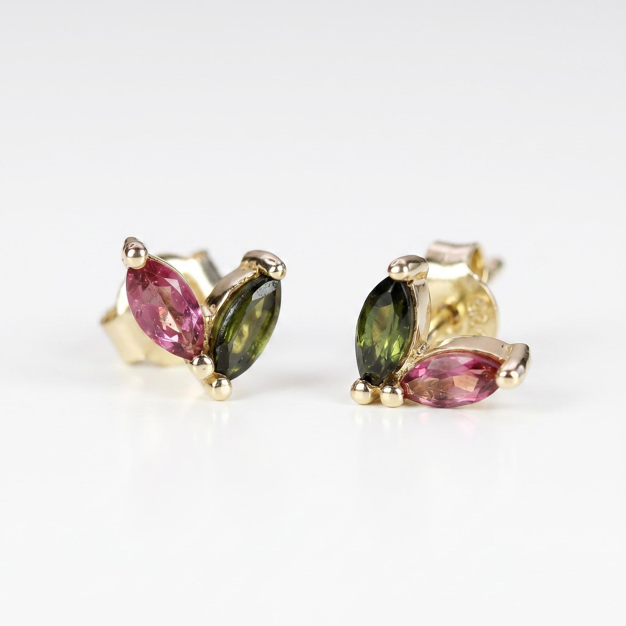 Pink Tourmaline & Green Tourmaline Earrings 14k Solid Gold - Melt'm Jewelry