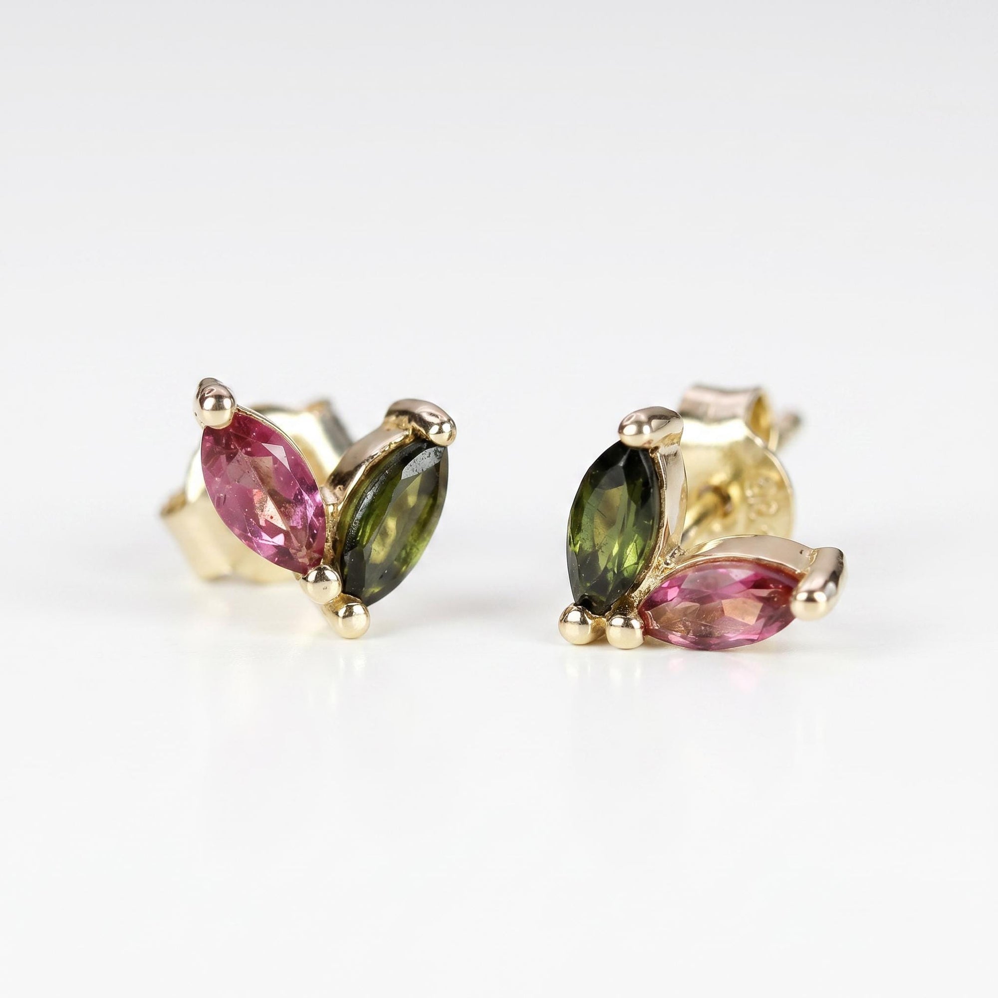 Pink Tourmaline & Green Tourmaline Earrings 14k Solid Gold - Melt'm Jewelry