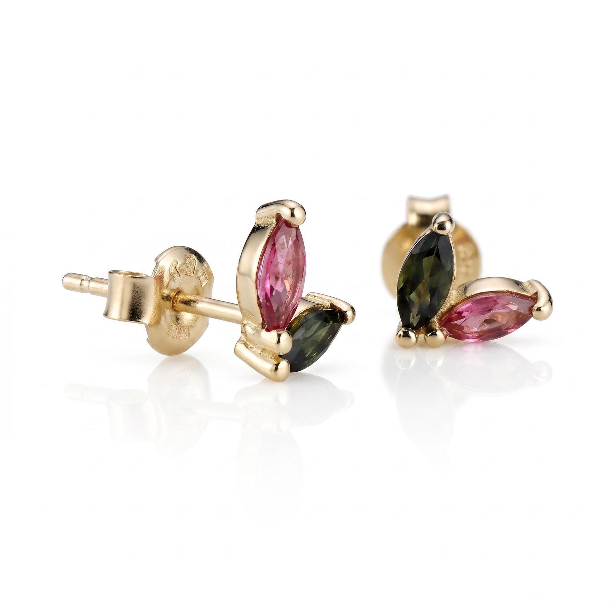 Pink Tourmaline & Green Tourmaline Earrings 14k Solid Gold - Melt'm Jewelry