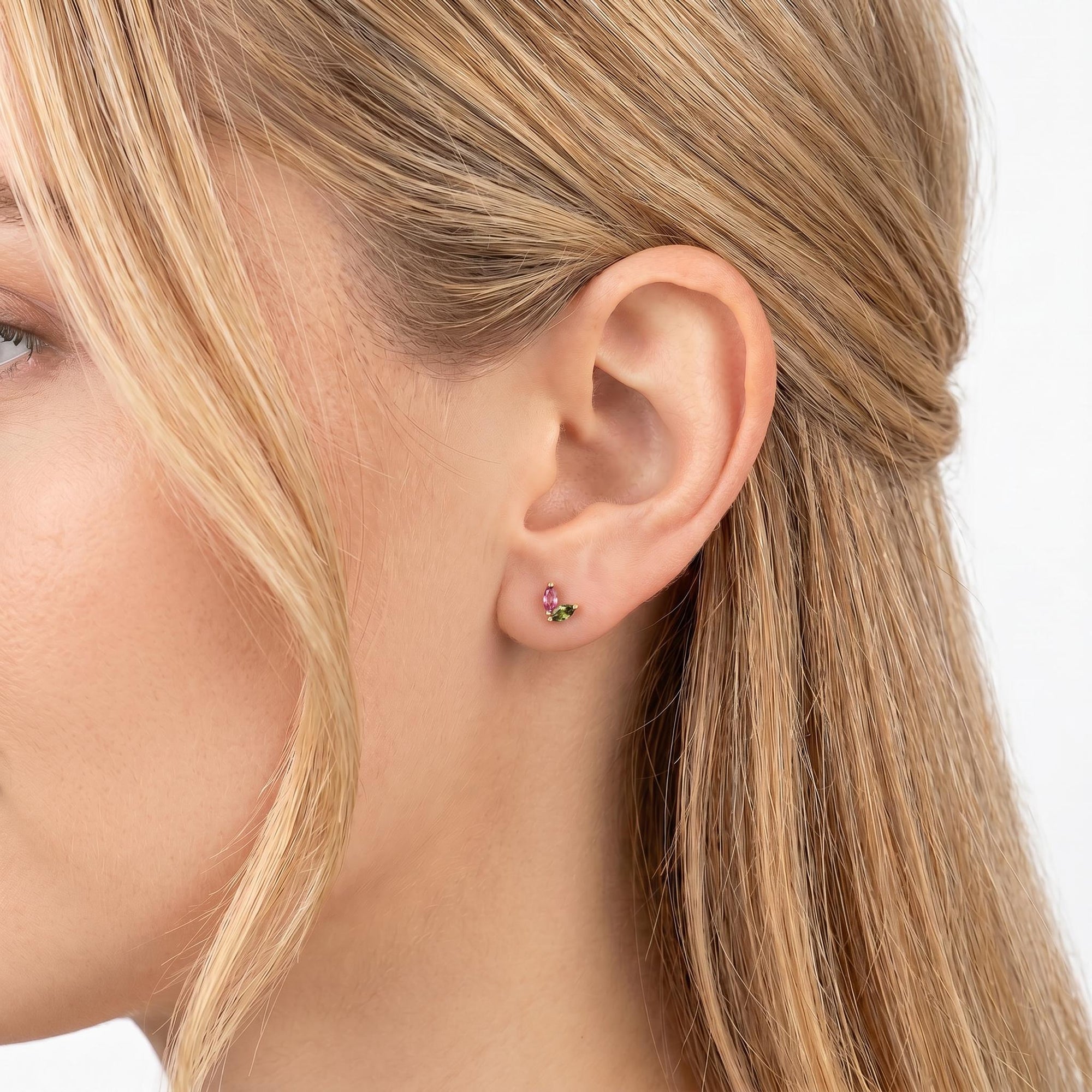 Pink Tourmaline &amp; Green Tourmaline Earrings 14k Solid Gold