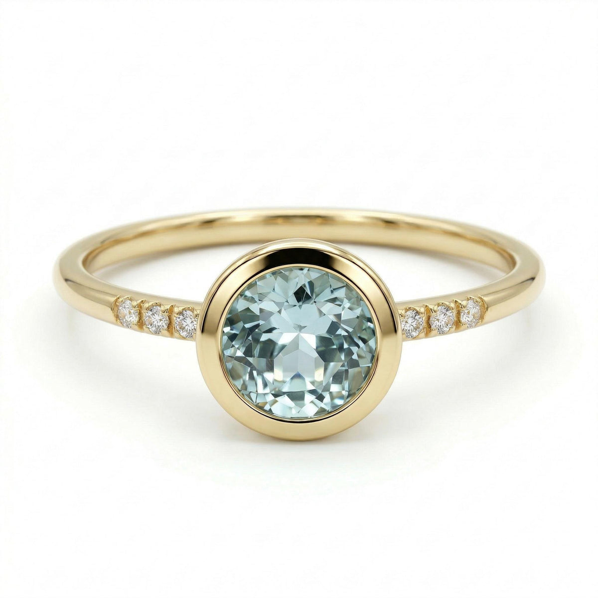 Aquamarine engagement ring in 14k solid gold with flush set diamonds, minimalist aquamarine promise ring, March birthstone ring, handmade gold anniversary gift for her