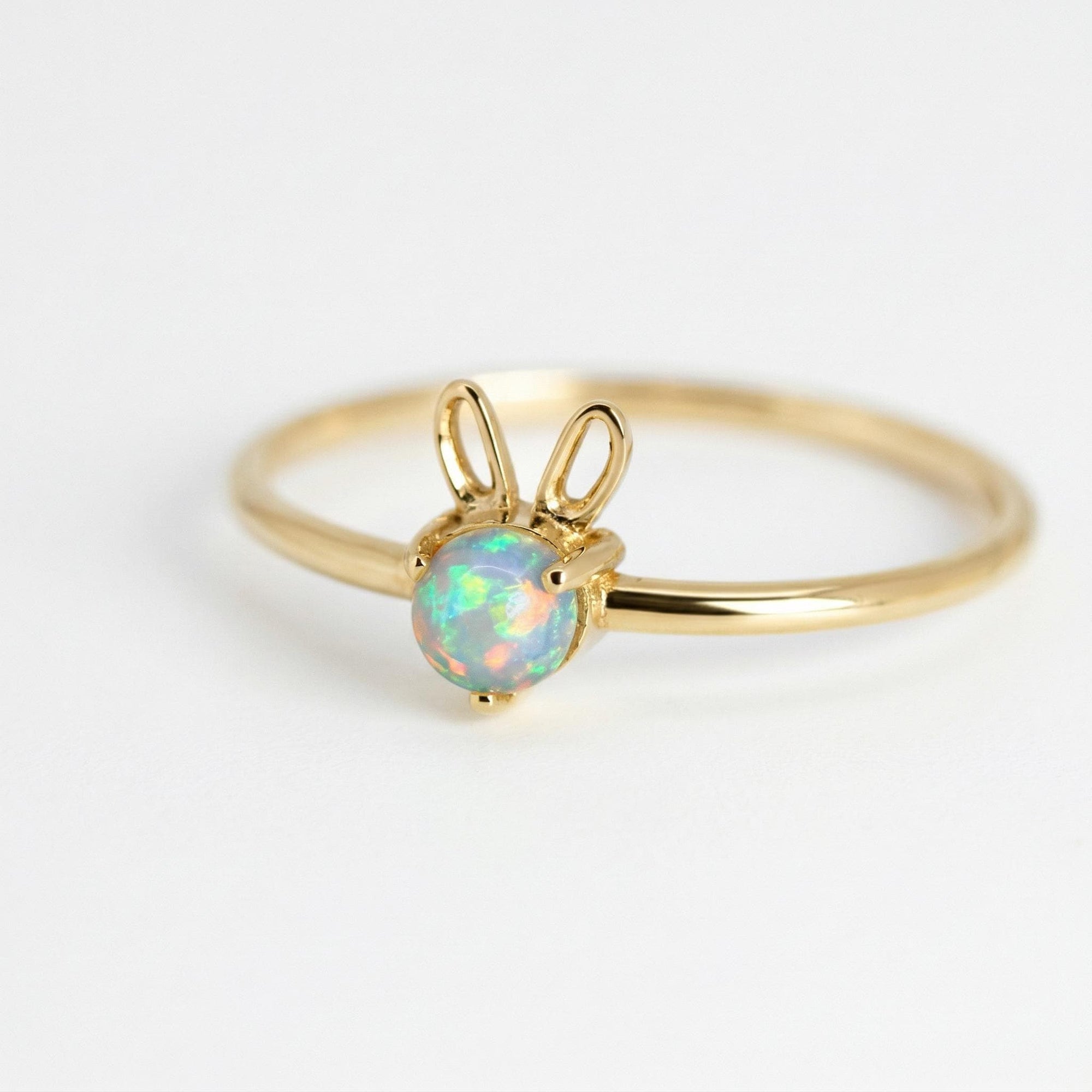 October Birthstone Bunny Ring 14k Gold - Opal or Pink Tourmaline