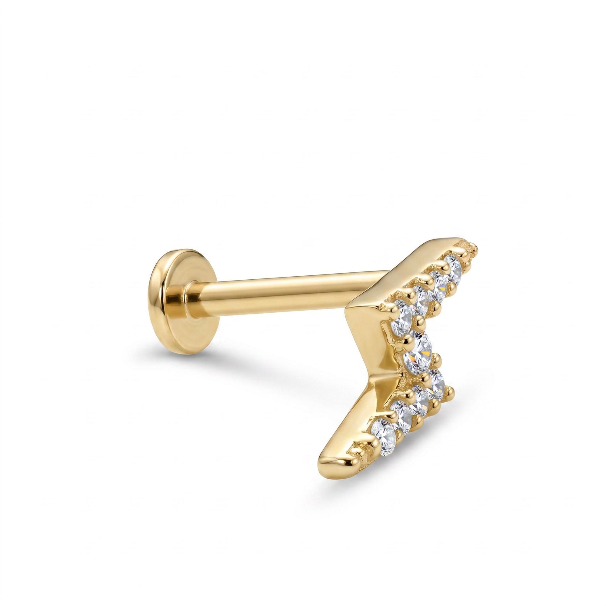 Lightning Bolt Flat Back Earring 14k Solid Gold, CZ Lightning Bolt Jewelry (SINGLE or PAIR)