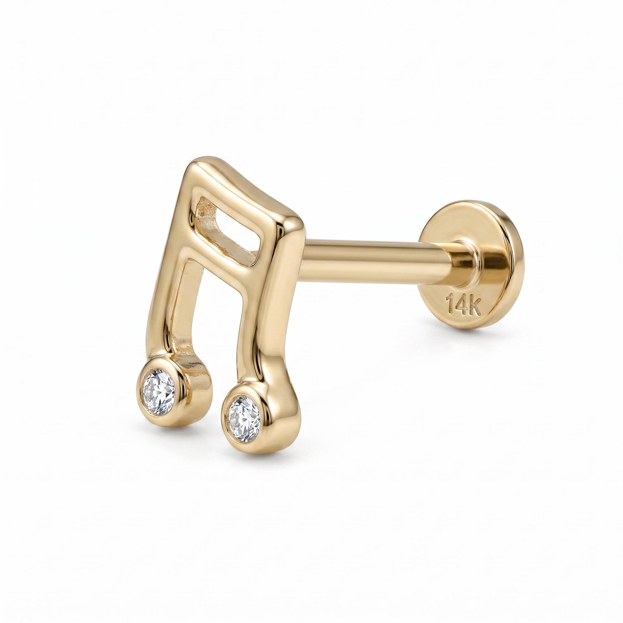 Music Note Flat Back Earrings 14k Solid Gold, Music Lover Stack Earrings
