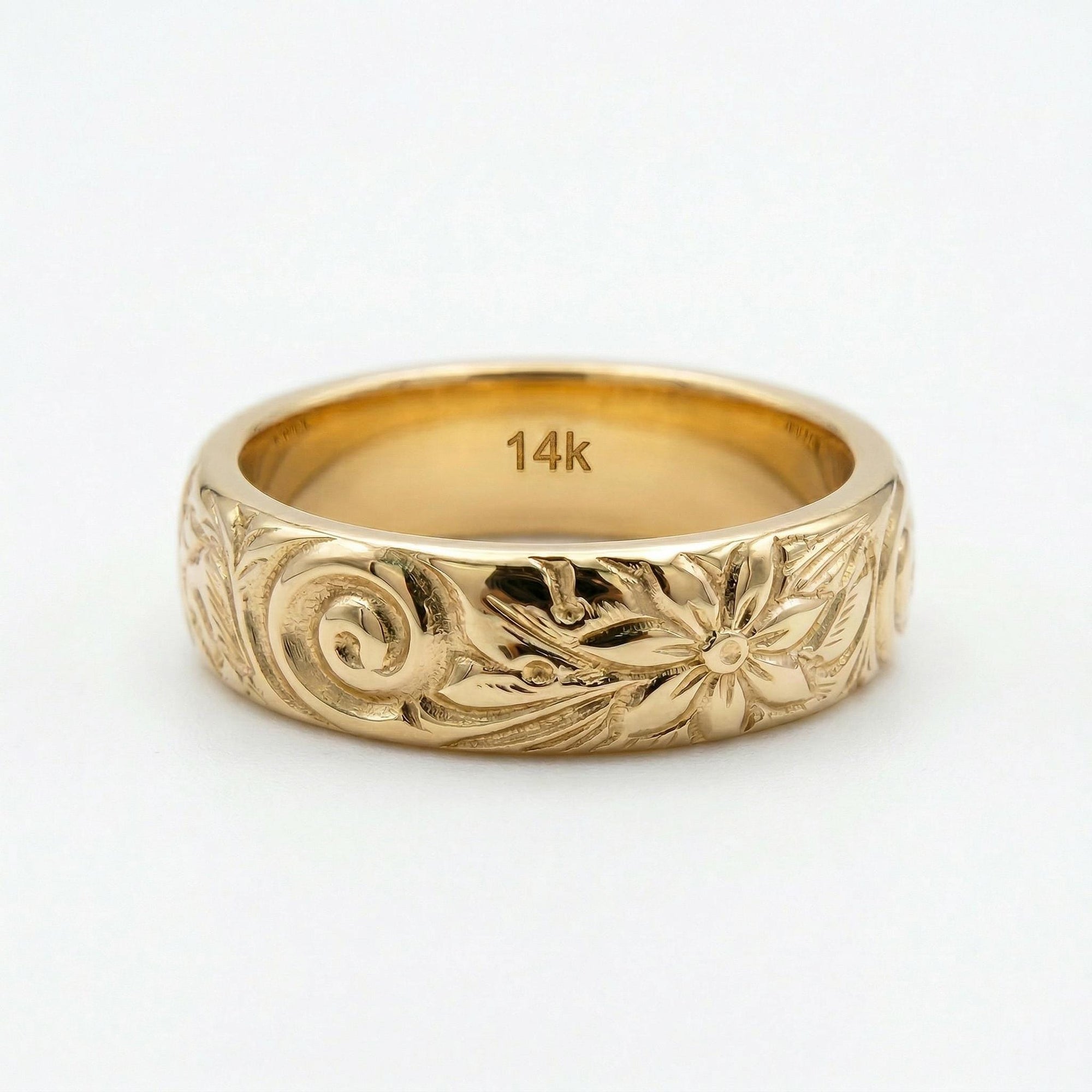 Floral Wedding Band Solid 14k Gold, Thick Wedding Ring - Melt'm Jewelry