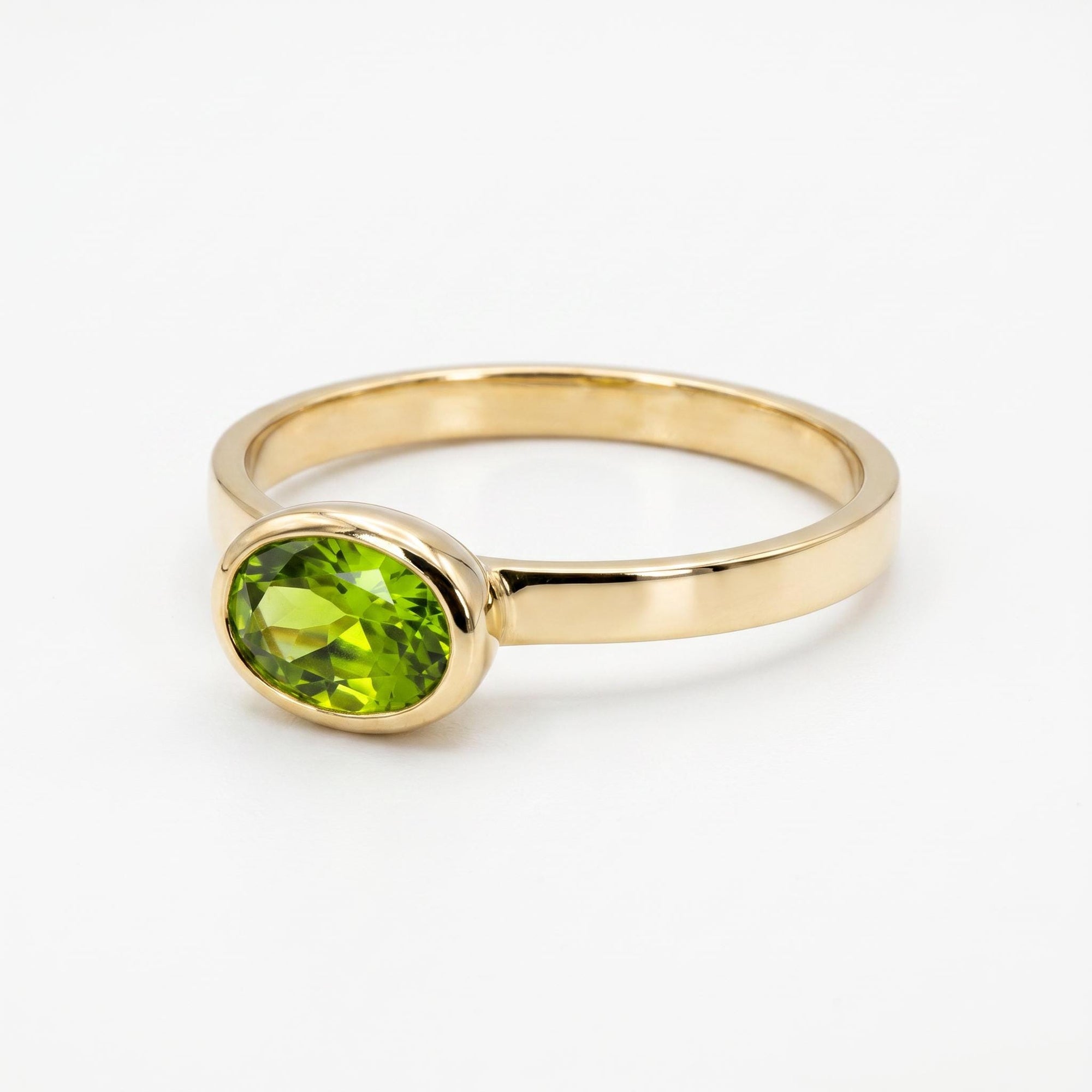 East West Peridot Ring 14k Solid Gold, Oval Bezel Peridot Ring