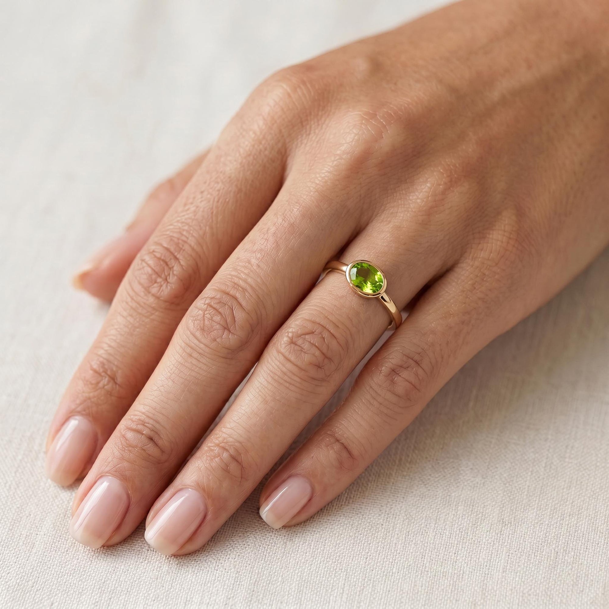 East West Peridot Ring 14k Solid Gold, Oval Bezel Peridot Ring - Melt'm Jewelry