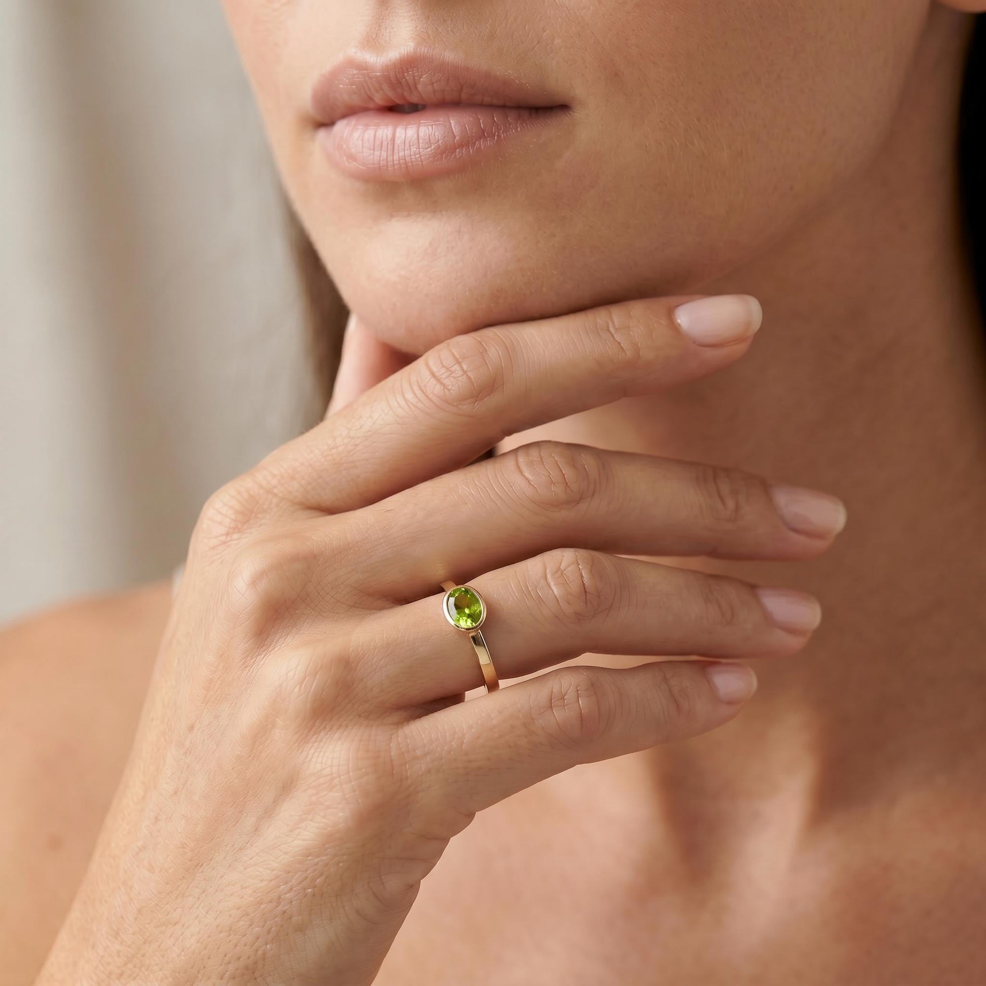 East West Peridot Ring 14k Solid Gold, Oval Bezel Peridot Ring - Melt'm Jewelry