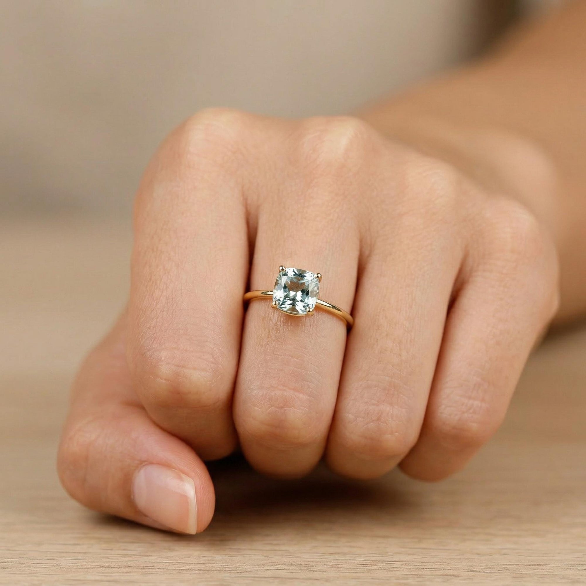 Cushion Cut Aquamarine Ring 14k Gold, Floral Basket Setting Ring