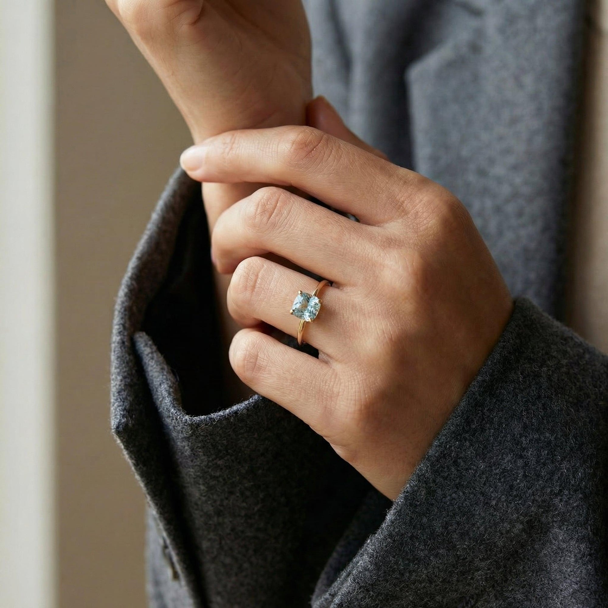 Cushion Cut Aquamarine Ring 14k Gold, Floral Basket Setting Ring