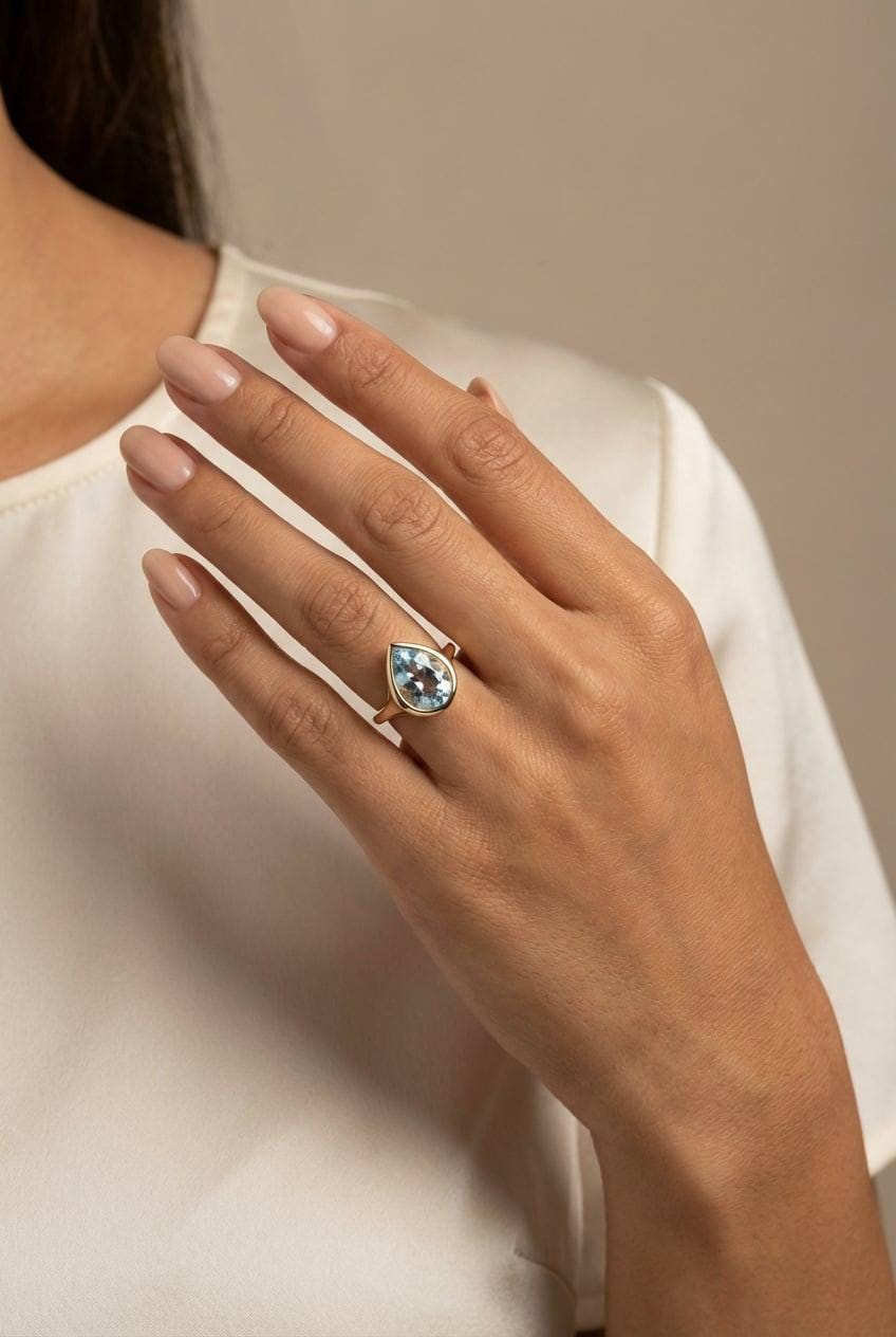 Fancy Cut Aquamarine Bezel Set Ring, Gold Statement Ring - Melt'm Jewelry