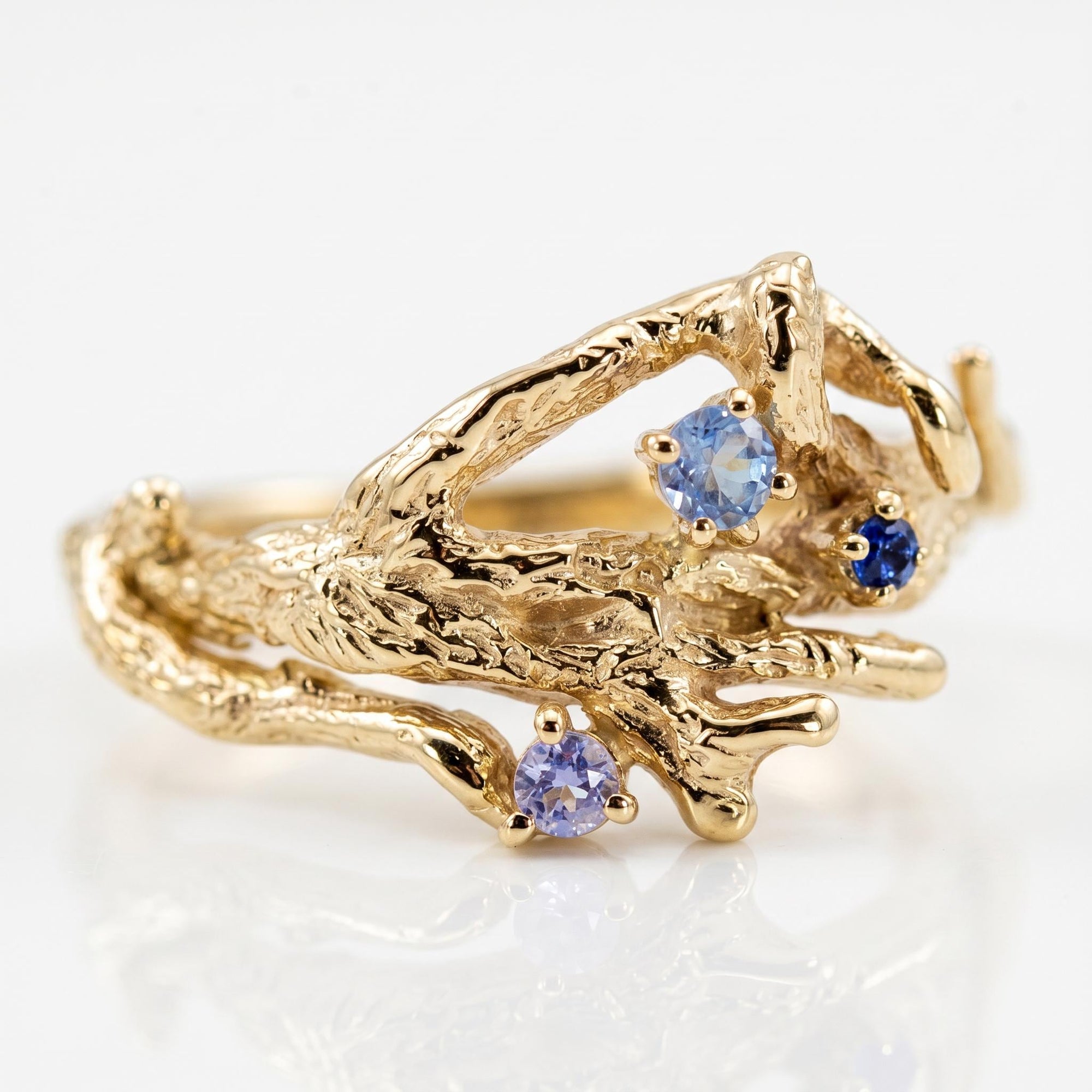 Sapphire Twig Ring 14k Solid Gold – Branch Ring with Colorful Blue and Lilac Sapphires, Nature Inspired Botanical Handmade Ring