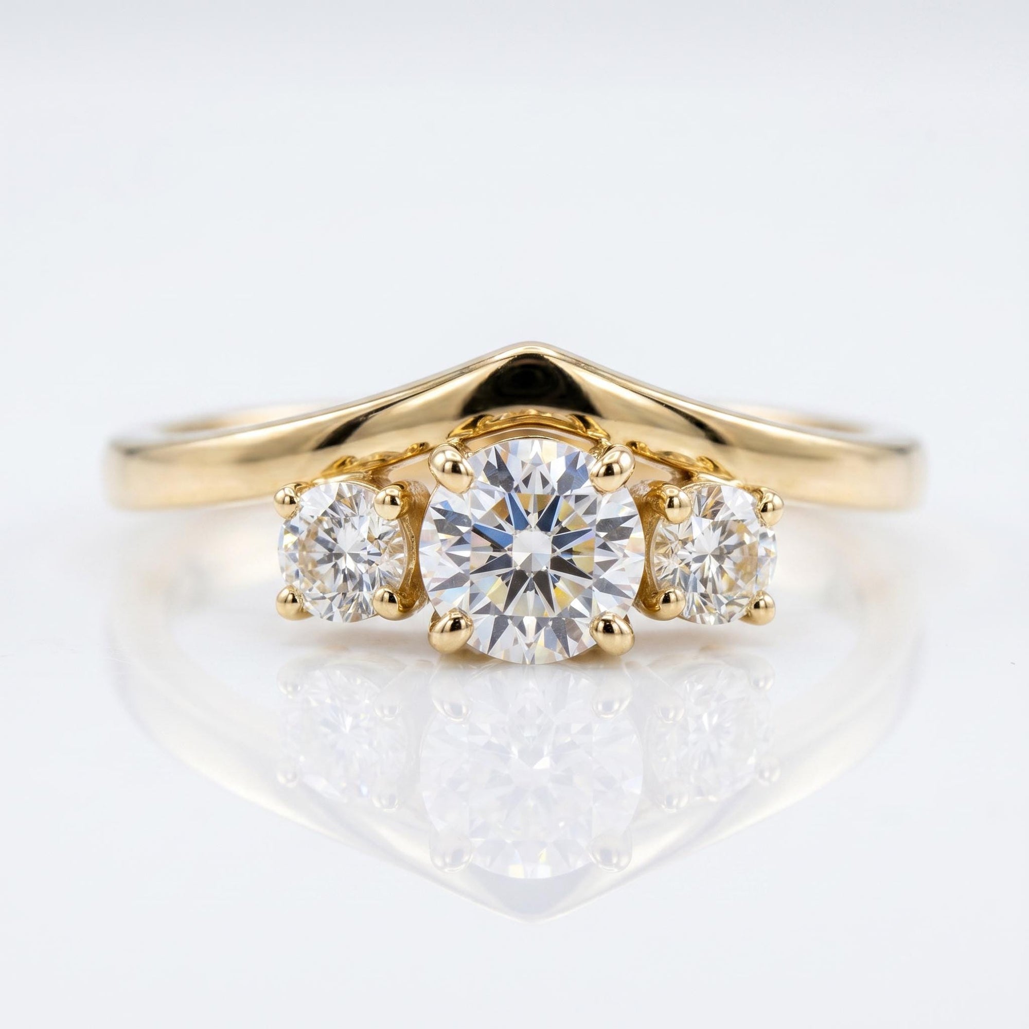Three Stone Diamond Engagement Ring 14k Gold, Chevron Stacking Bridal Ring, Curved Dainty Wedding Band - Melt'm Jewelry