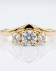 Three Stone Diamond Engagement Ring 14k Gold, Chevron Stacking Bridal Ring, Curved Dainty Wedding Band - Melt'm Jewelry