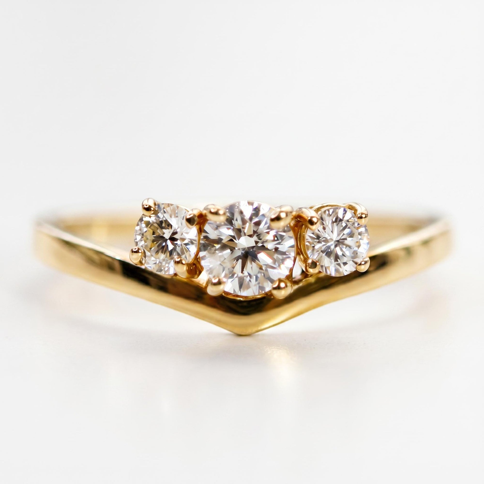 Three Stone Diamond Engagement Ring 14k Gold, Chevron Stacking Bridal Ring, Curved Dainty Wedding Band - Melt'm Jewelry