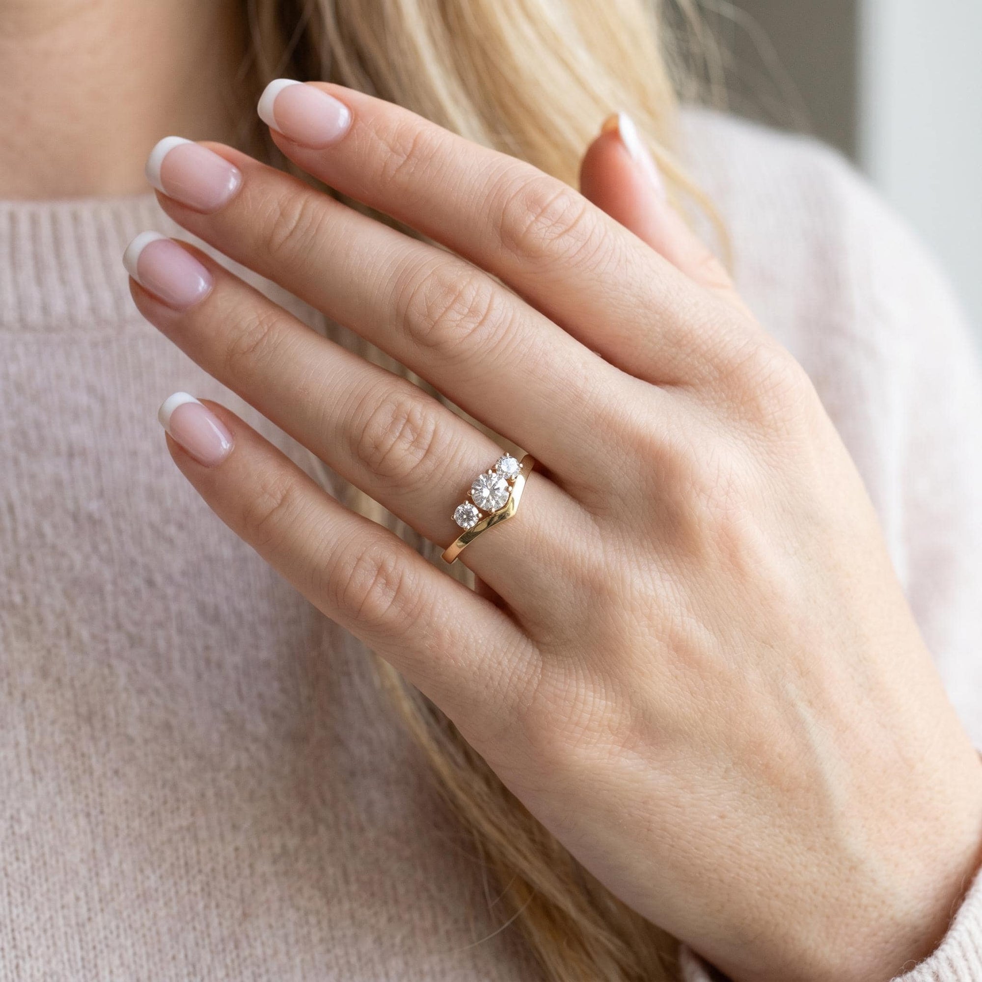 Three Stone Diamond Engagement Ring 14k Gold, Chevron Stacking Bridal Ring, Curved Dainty Wedding Band - Melt'm Jewelry